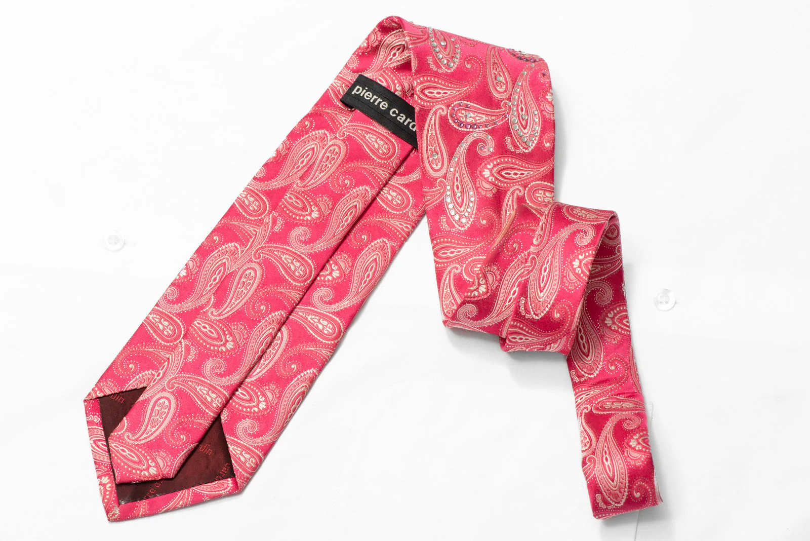 Silver Paisley On Pink Rhinestone Silk Necktie With Silver Sparkles - Image 4
