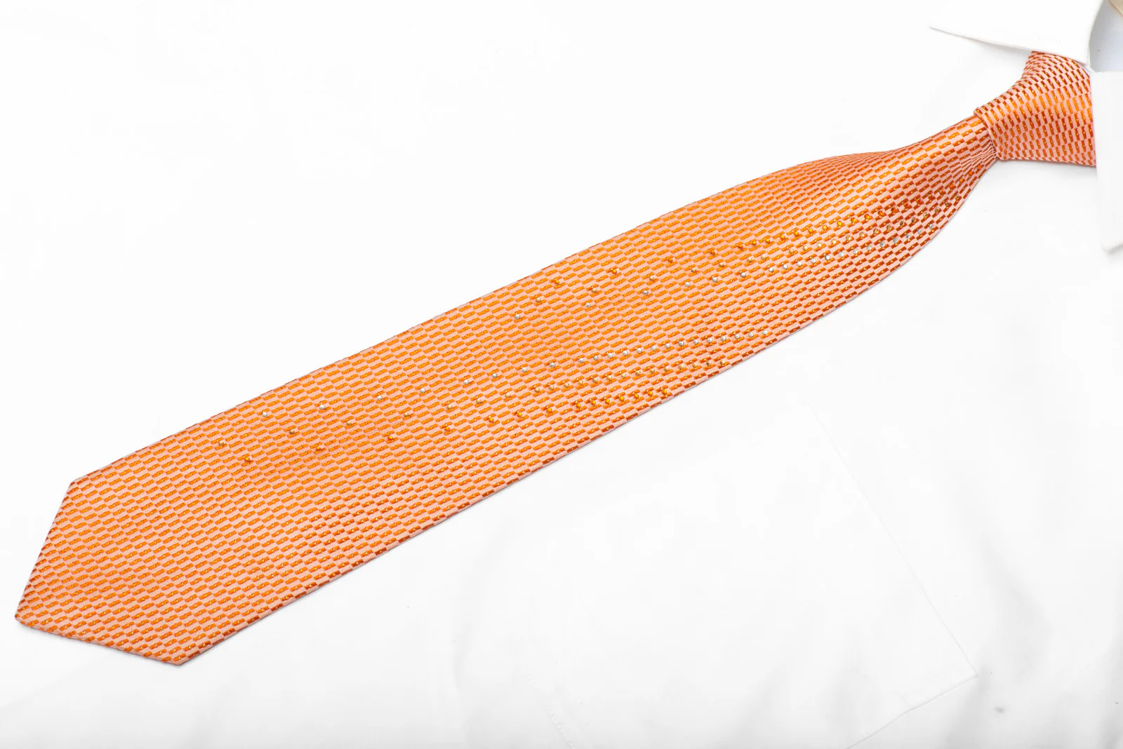 Orange Geometric On Peach Rhinestone Silk Necktie With Gold Sparkles - Image 3