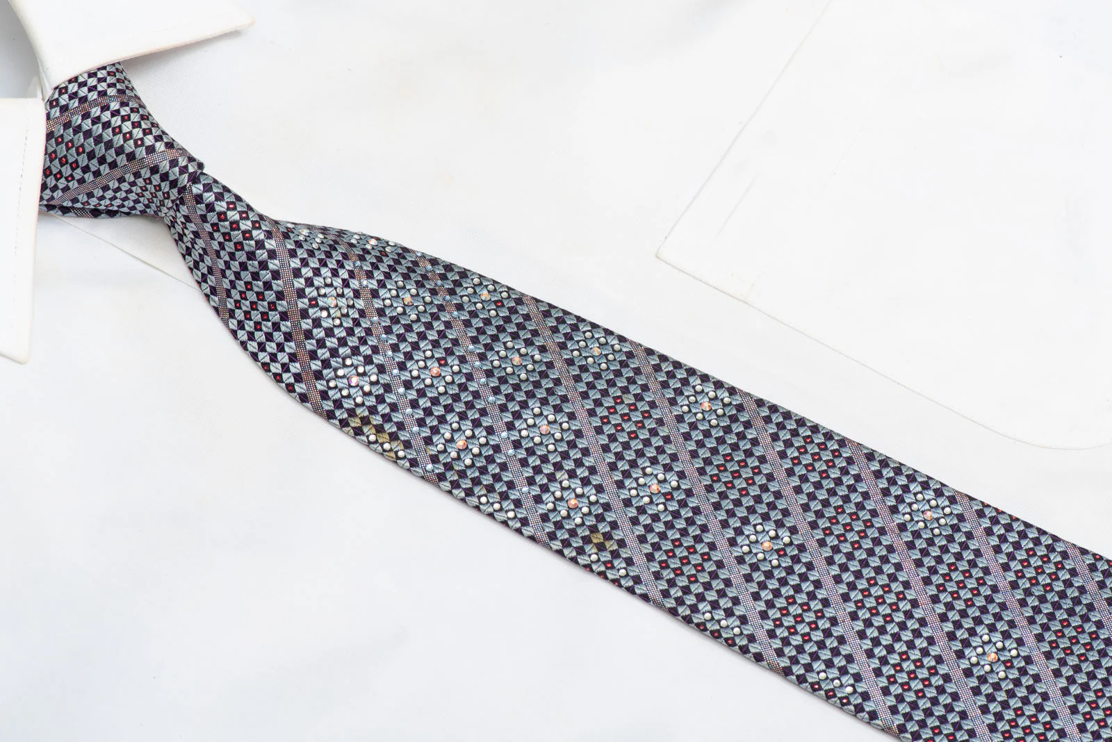 Silver Navy Checkered Rhinestone Silk Necktie With Purple Sparkles - Image 2
