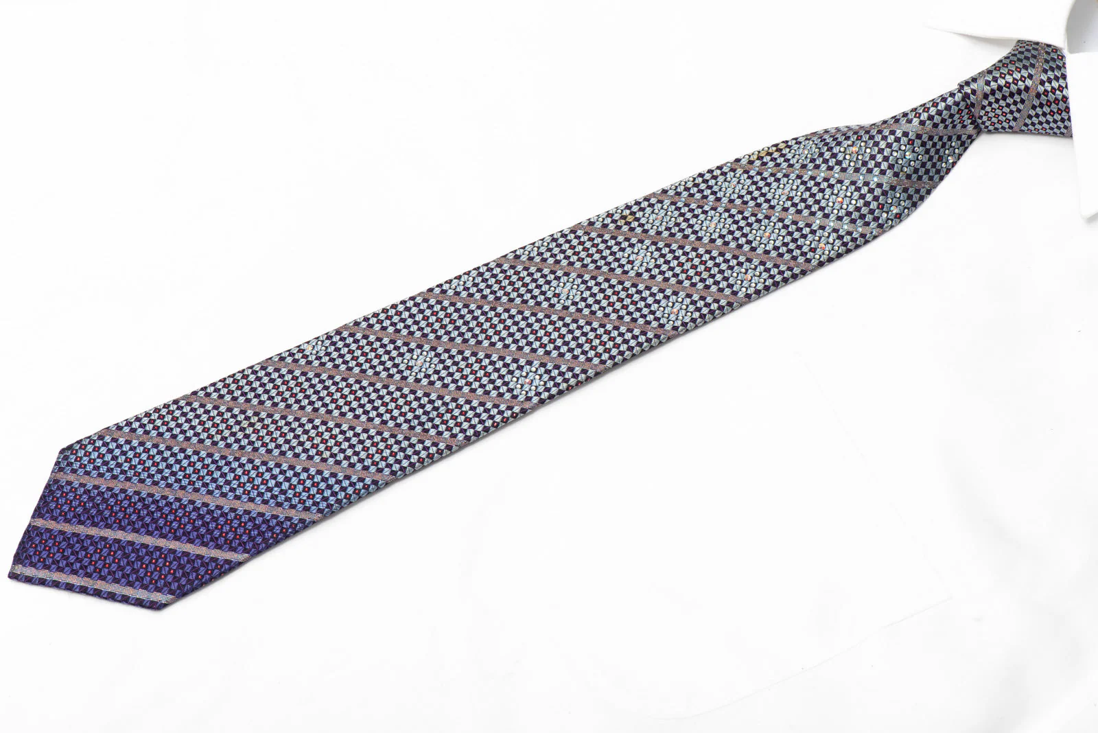 Silver Navy Checkered Rhinestone Silk Necktie With Purple Sparkles - Image 3