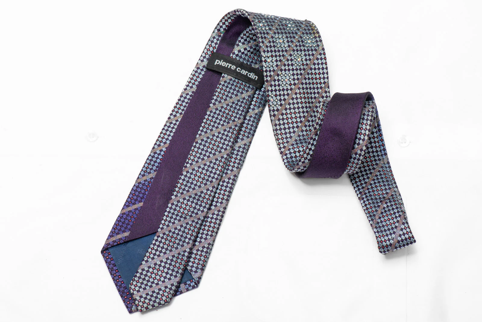 Silver Navy Checkered Rhinestone Silk Necktie With Purple Sparkles - Image 4