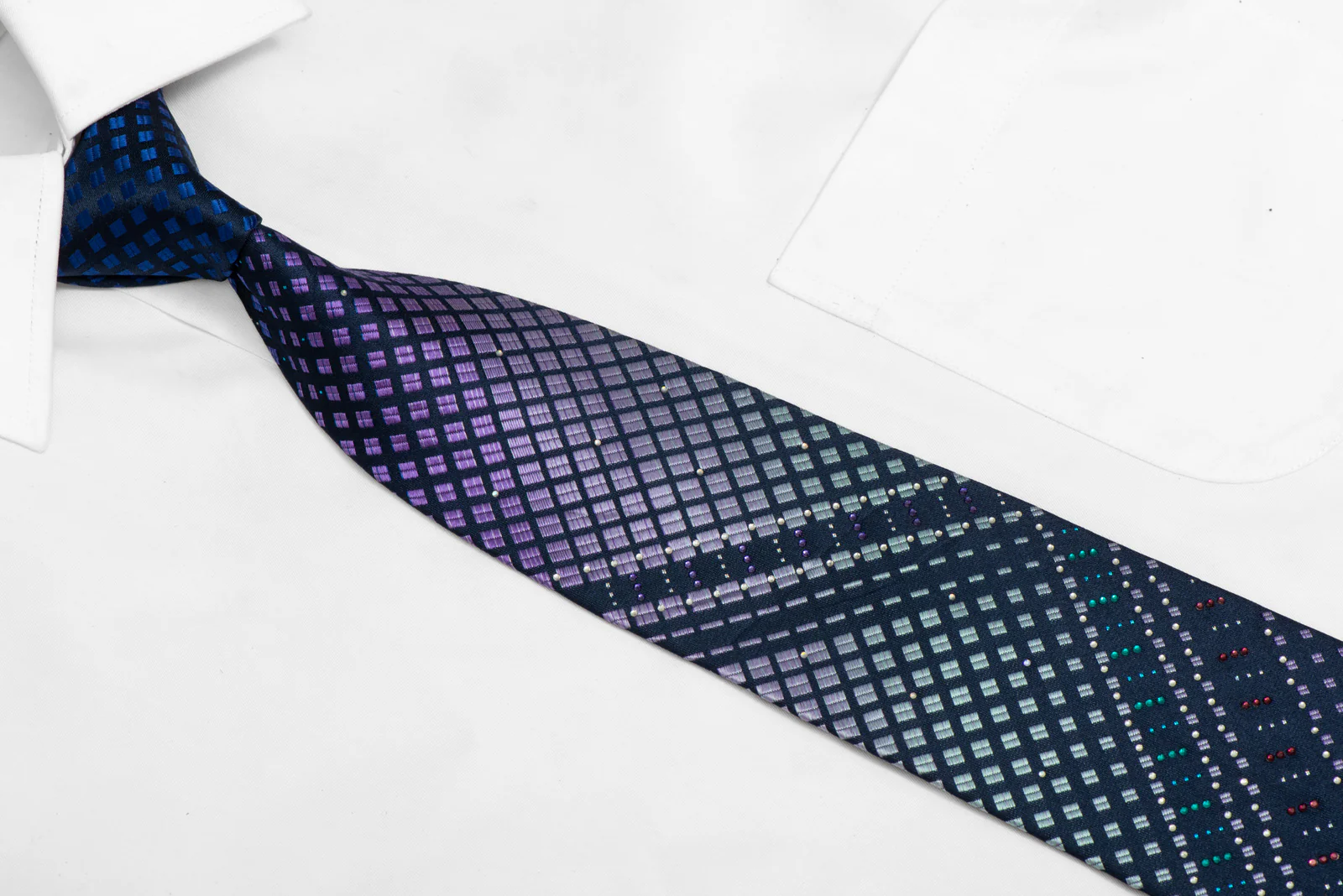 Purple Silver Geometric On Navy Rhinestone Silk Necktie With Teal Silver Sparkles - Image 2