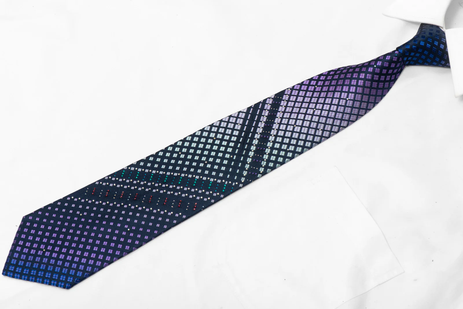 Purple Silver Geometric On Navy Rhinestone Silk Necktie With Teal Silver Sparkles - Image 3