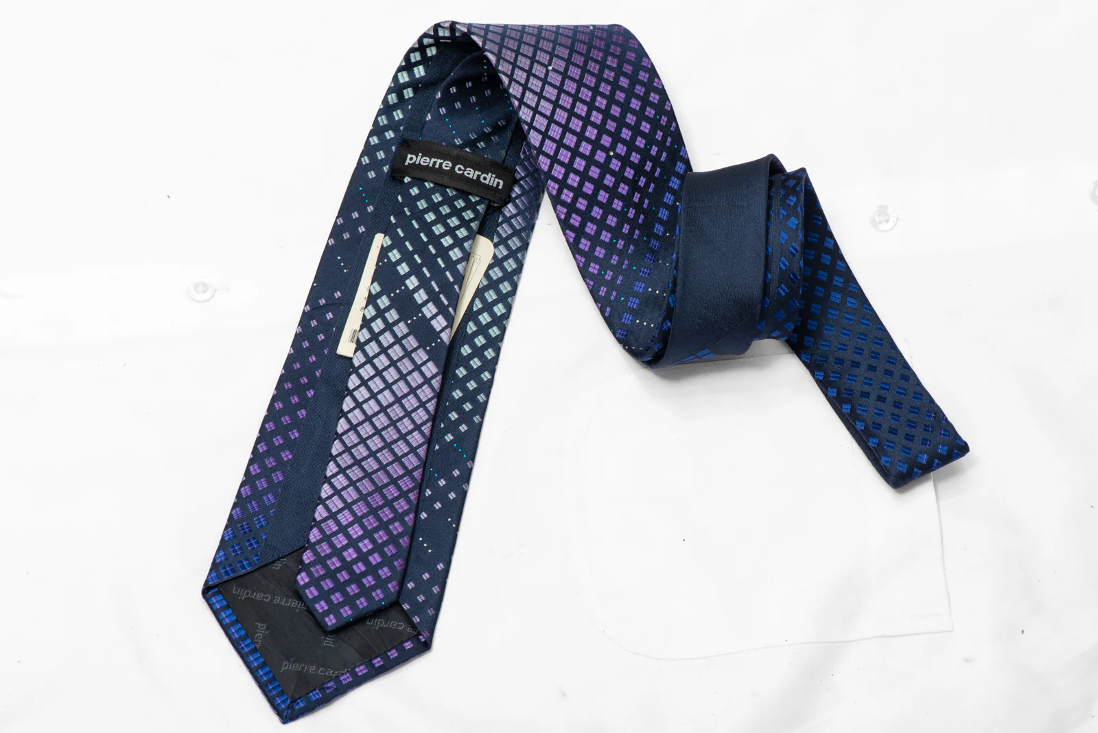 Purple Silver Geometric On Navy Rhinestone Silk Necktie With Teal Silver Sparkles - Image 4