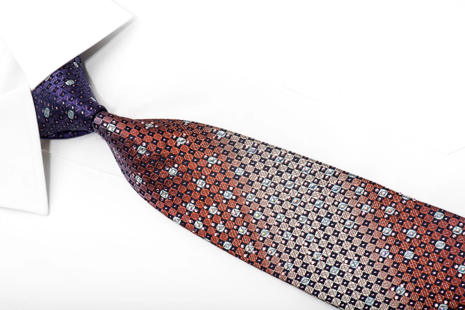 Pierre Cardin Men's Crystal Necktie Purple Orange Checkered With Sparkles - Image 2