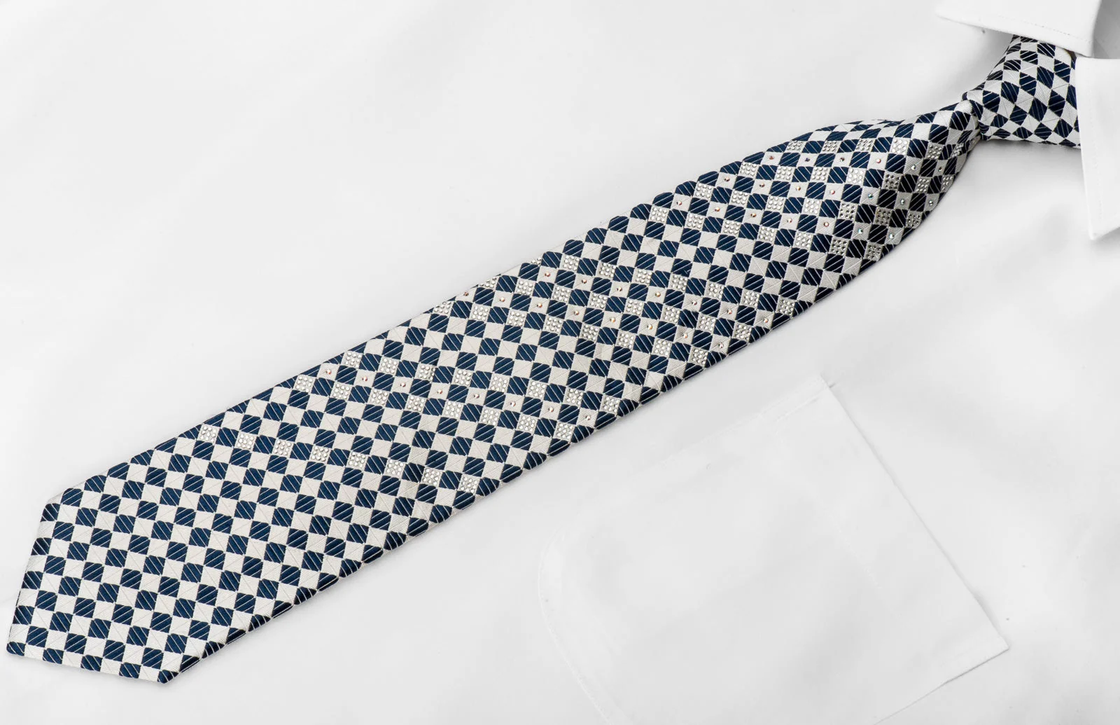 Pierre Cardin Men's Crystal Rhinestone Tie White Blue Checkered Silk With Silver Sparkles - Image 2