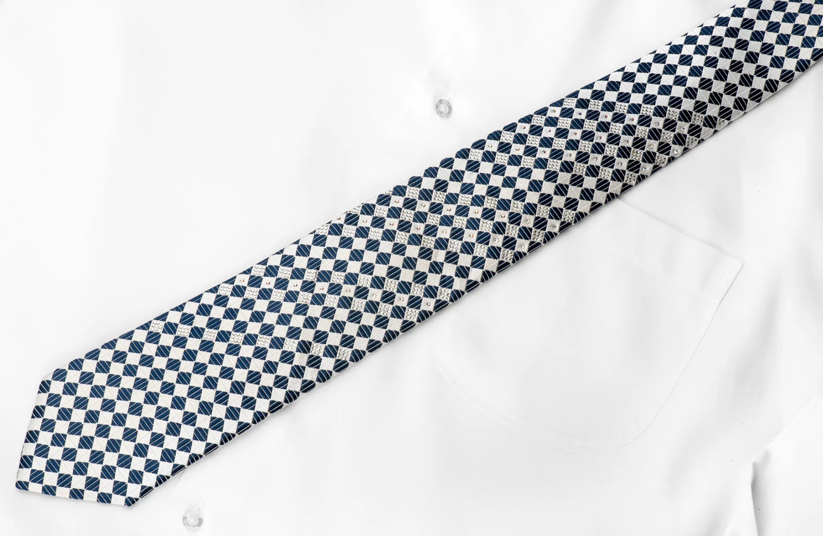 Pierre Cardin Men's Crystal Rhinestone Tie White Blue Checkered Silk With Silver Sparkles - Image 5