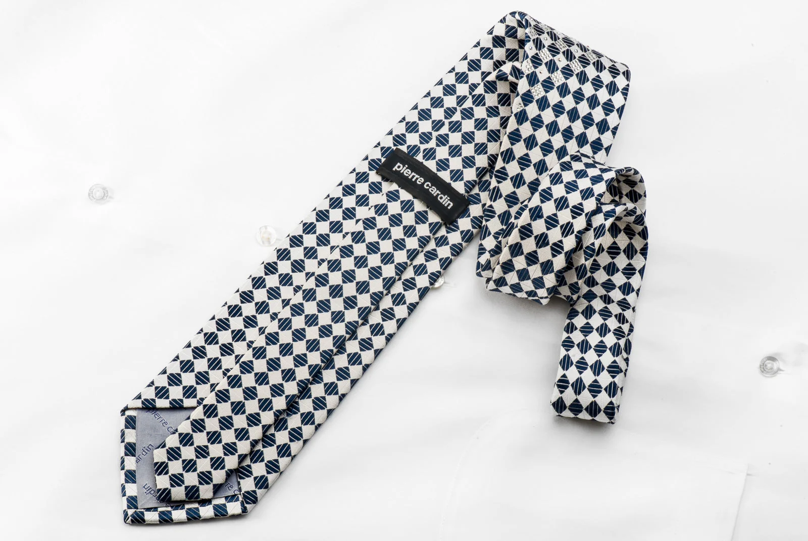 Pierre Cardin Men's Crystal Rhinestone Tie White Blue Checkered Silk With Silver Sparkles - Image 6