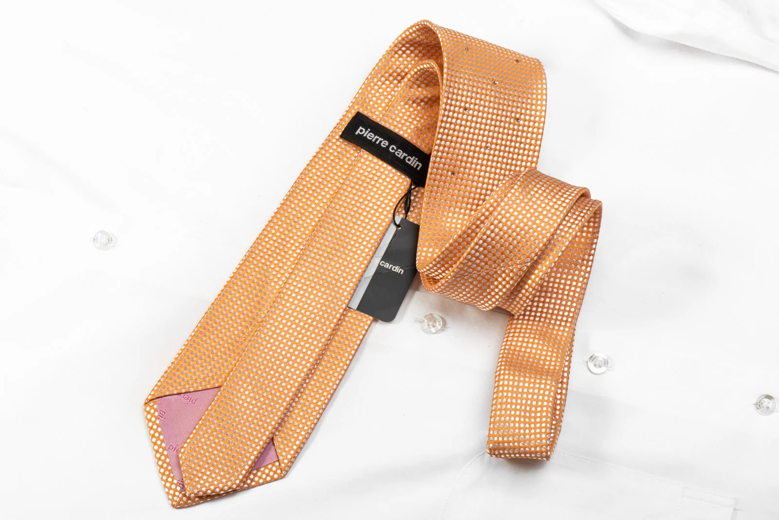 Pierre Cardin Men's Crystal Silk Necktie Micro Dots On Peach Orange With Silver Sparkles - Image 4