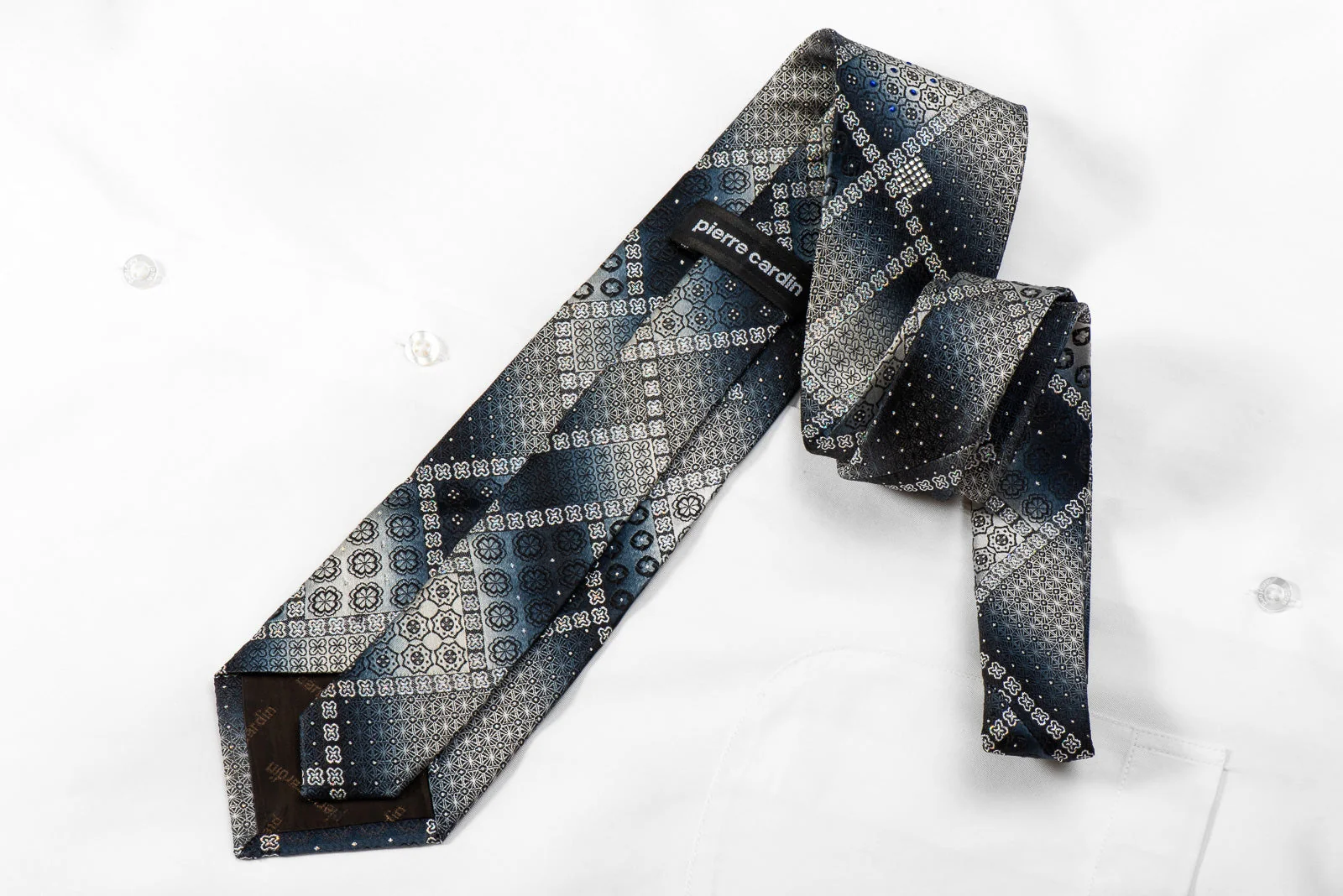 Silver Black Navy Geometric Men's Crystal Silk Necktie With Silver Sparkles - Image 4