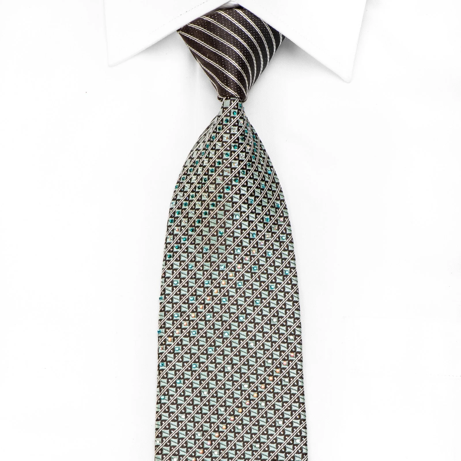 Pierre Cardin Men's Crystal Silk Necktie Silver Checker & Stripes On Black With Silver Sparkles