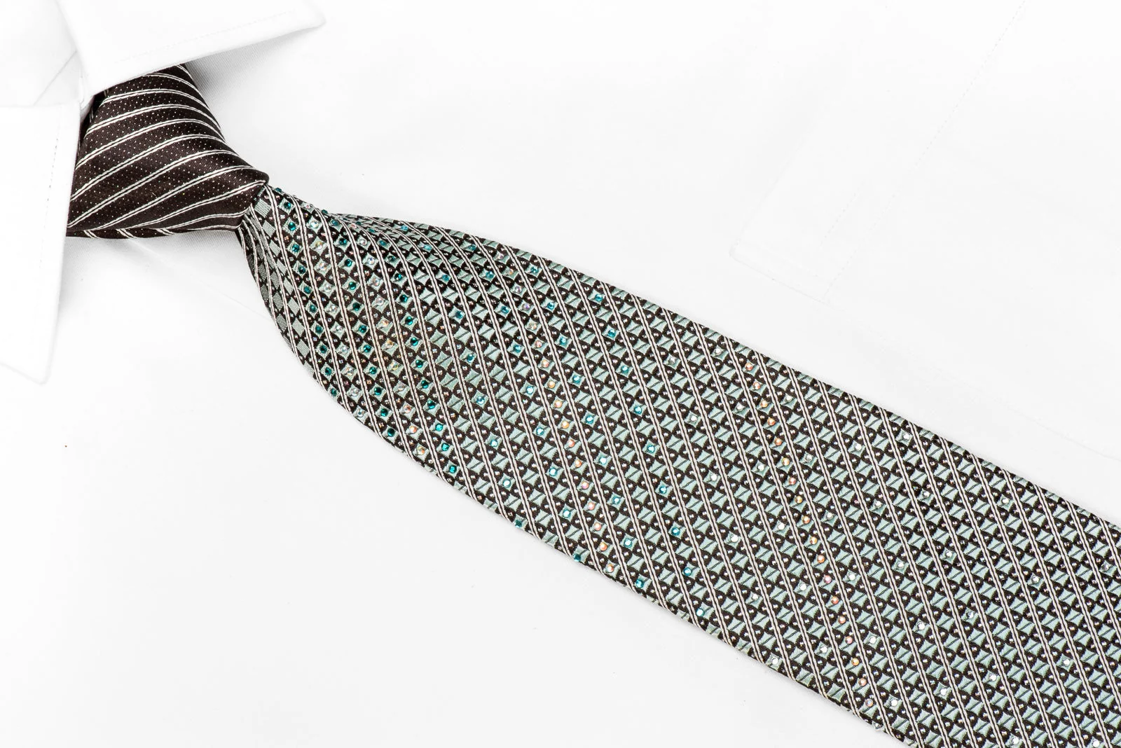 Pierre Cardin Men's Crystal Silk Necktie Silver Checker & Stripes On Black With Silver Sparkles - Image 2
