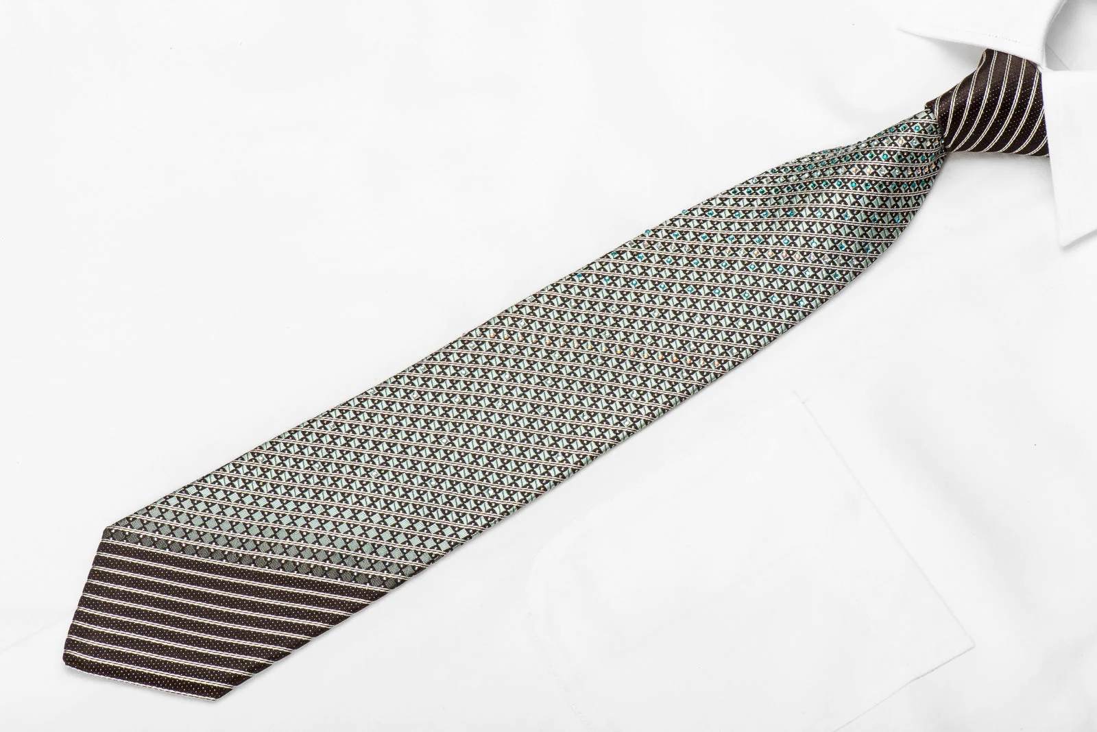 Pierre Cardin Men's Crystal Silk Necktie Silver Checker & Stripes On Black With Silver Sparkles - Image 3