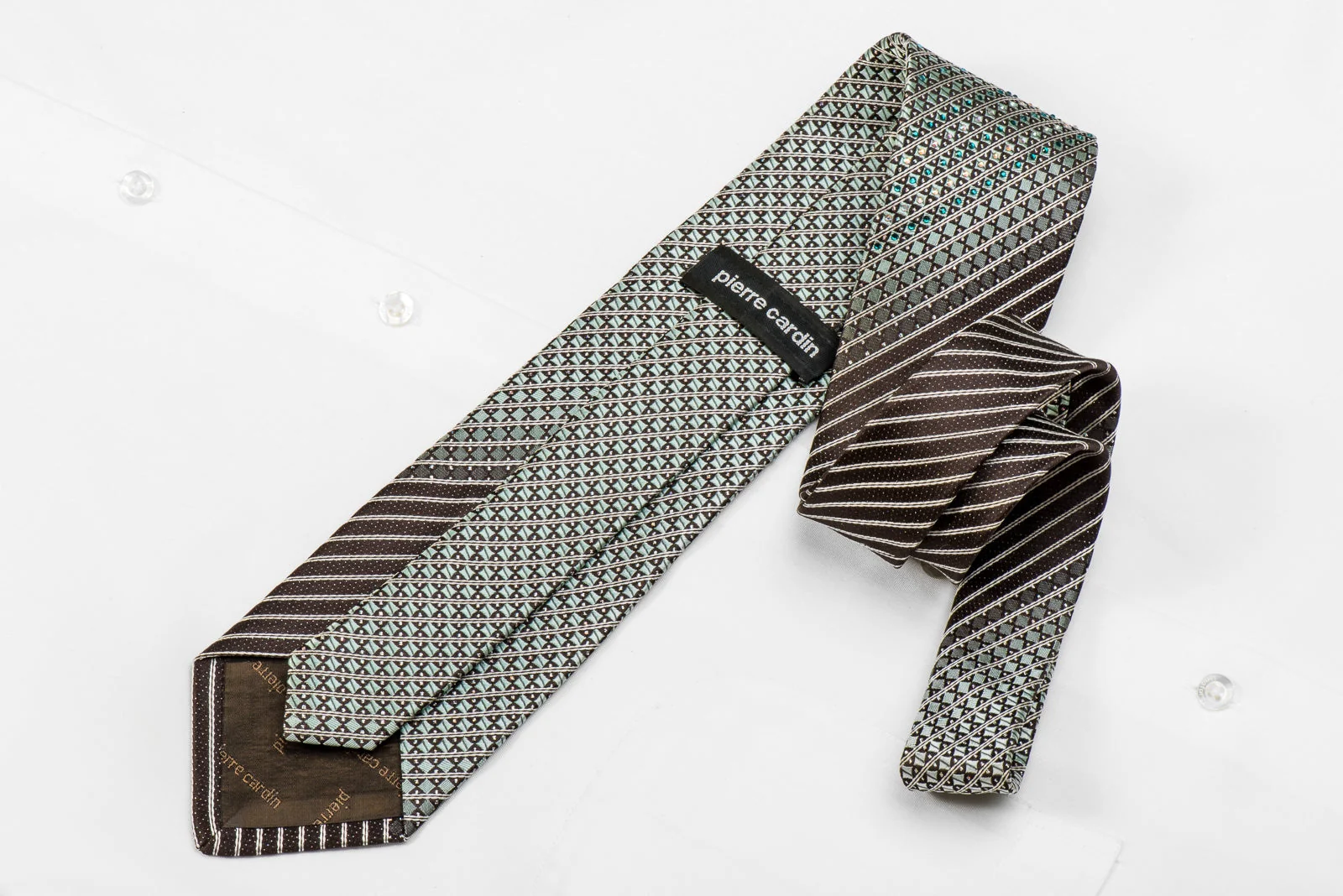 Pierre Cardin Men's Crystal Silk Necktie Silver Checker & Stripes On Black With Silver Sparkles - Image 4