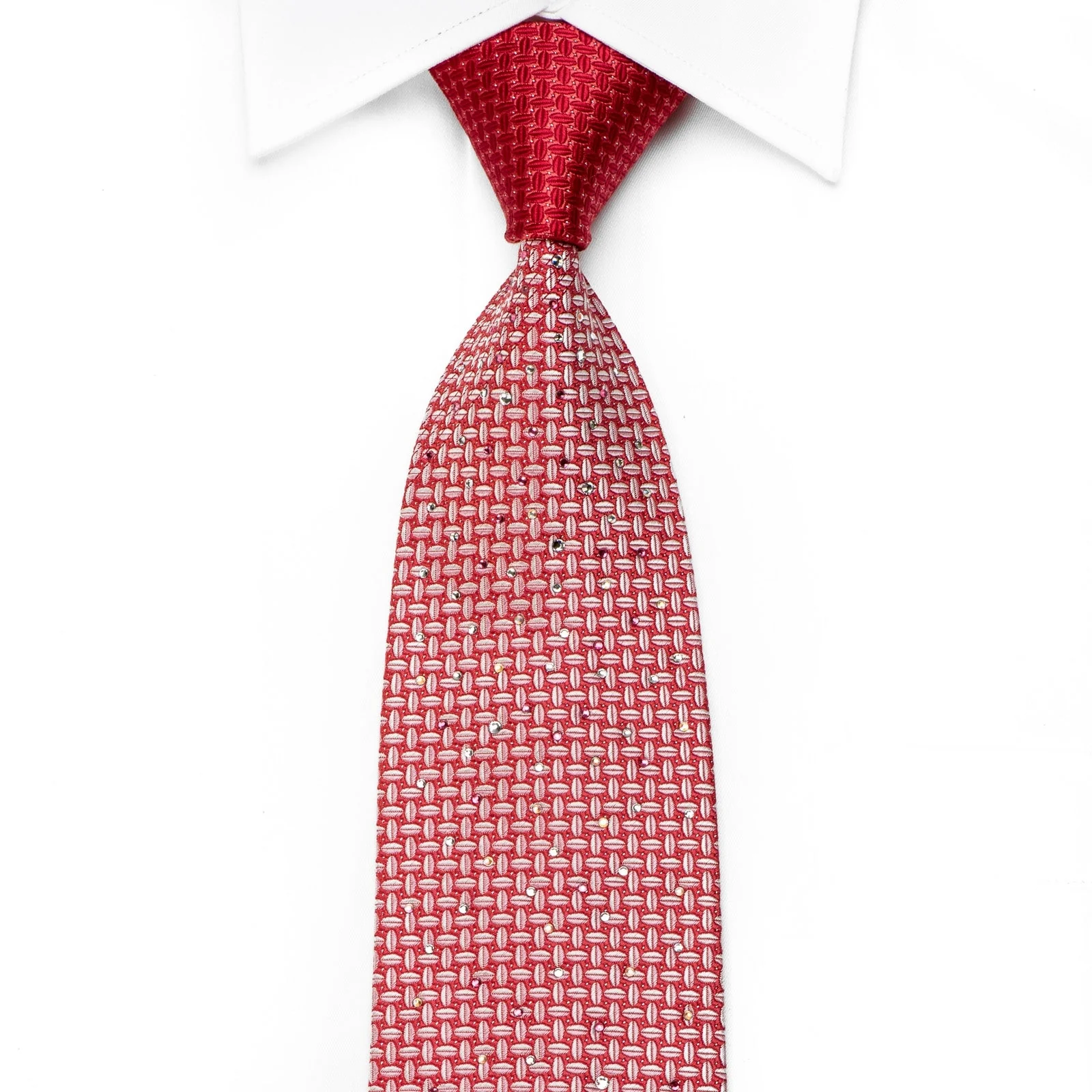 Pierre Cardin Men's Crystal Silk Necktie Silver Geometric On Red With Silver Sparkles