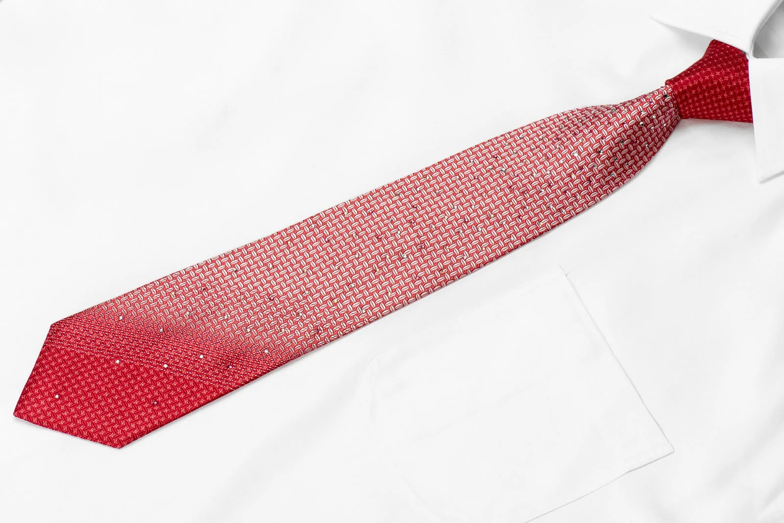 Pierre Cardin Men's Crystal Silk Necktie Silver Geometric On Red With Silver Sparkles - Image 2