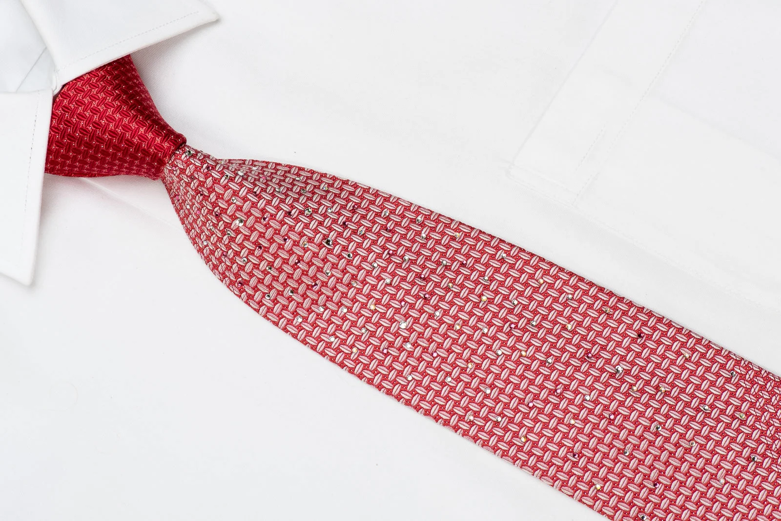 Pierre Cardin Men's Crystal Silk Necktie Silver Geometric On Red With Silver Sparkles - Image 3