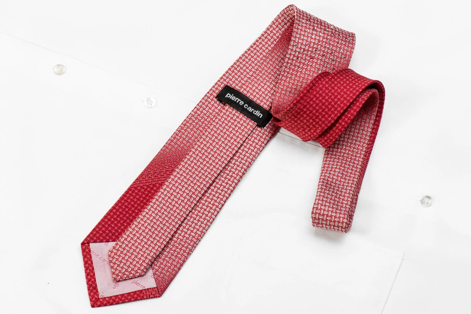 Pierre Cardin Men's Crystal Silk Necktie Silver Geometric On Red With Silver Sparkles - Image 4