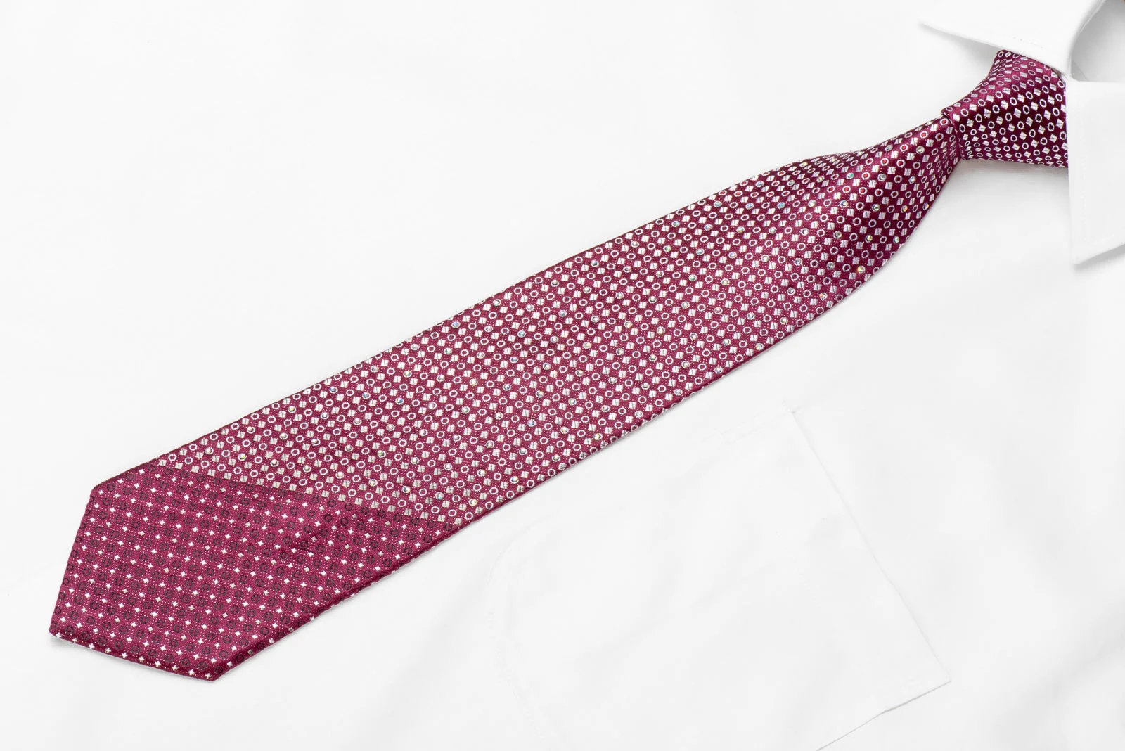 Pierre Cardin Men's Crystal Silk Necktie Silver Micro Squares On Burgundy With Silver Sparkles - Image 2