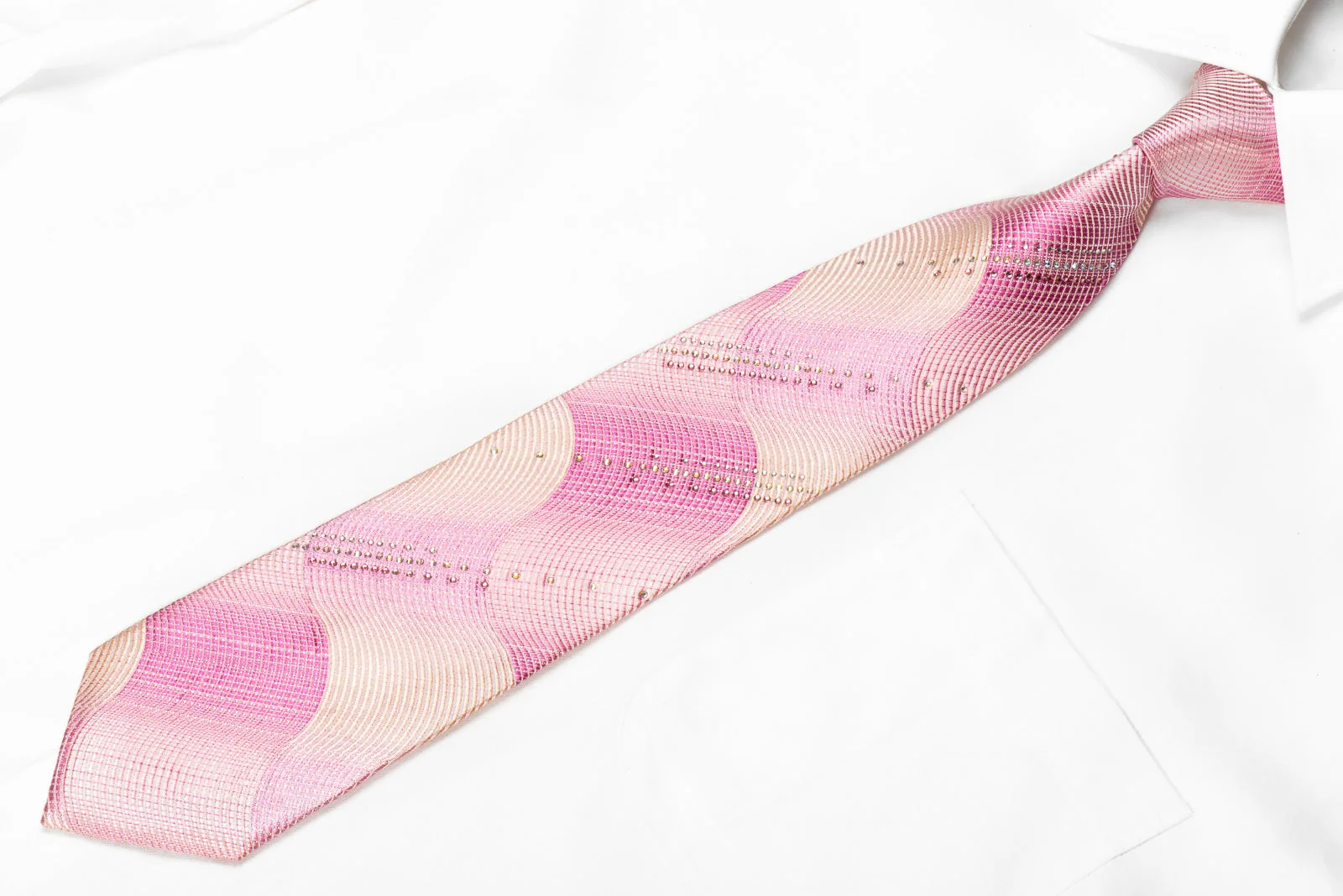 Pierre Cardin Men's Crystal Silk Necktie Waves On Pink With Silver Sparkles - Image 2