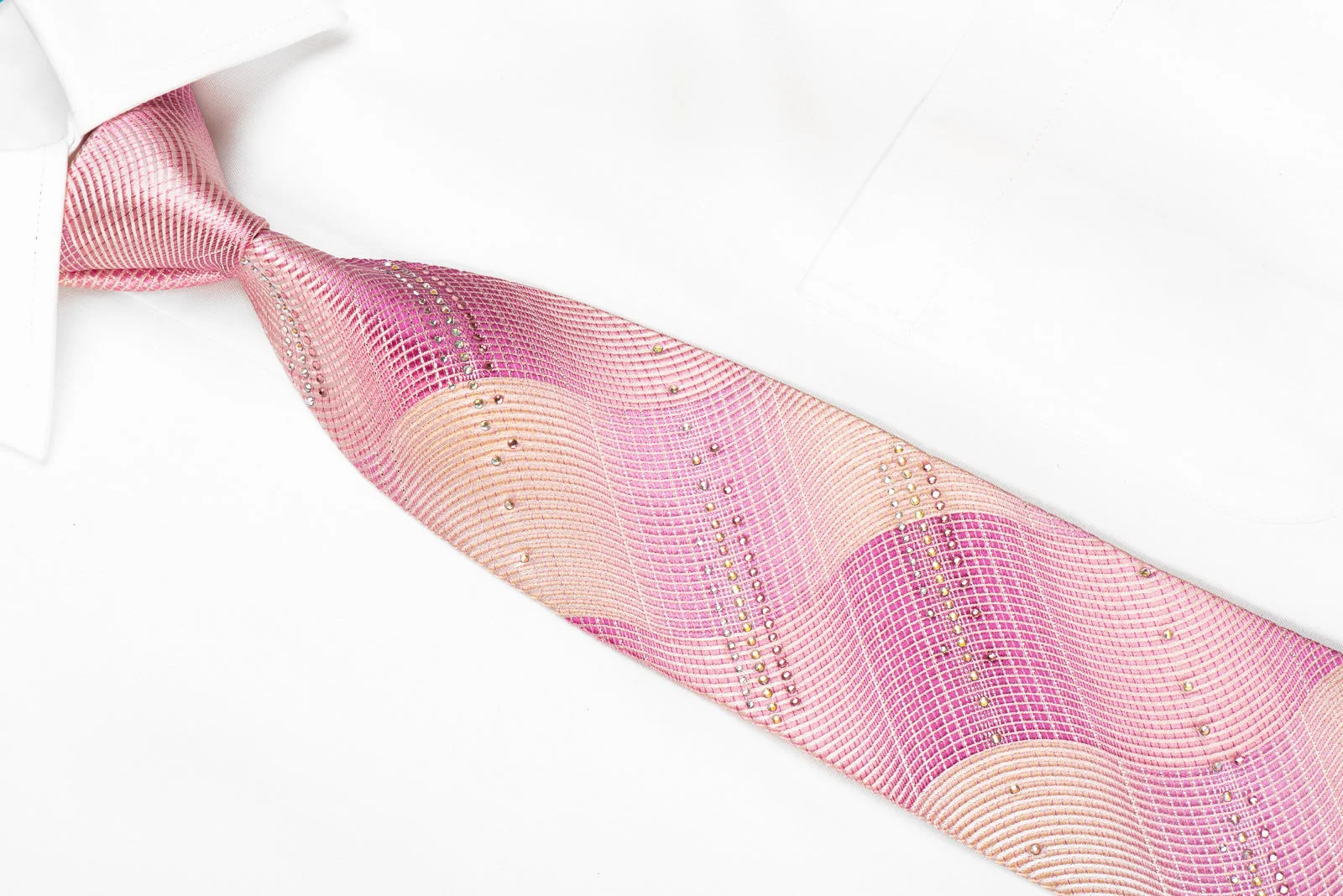 Pierre Cardin Men's Crystal Silk Necktie Waves On Pink With Silver Sparkles - Image 3
