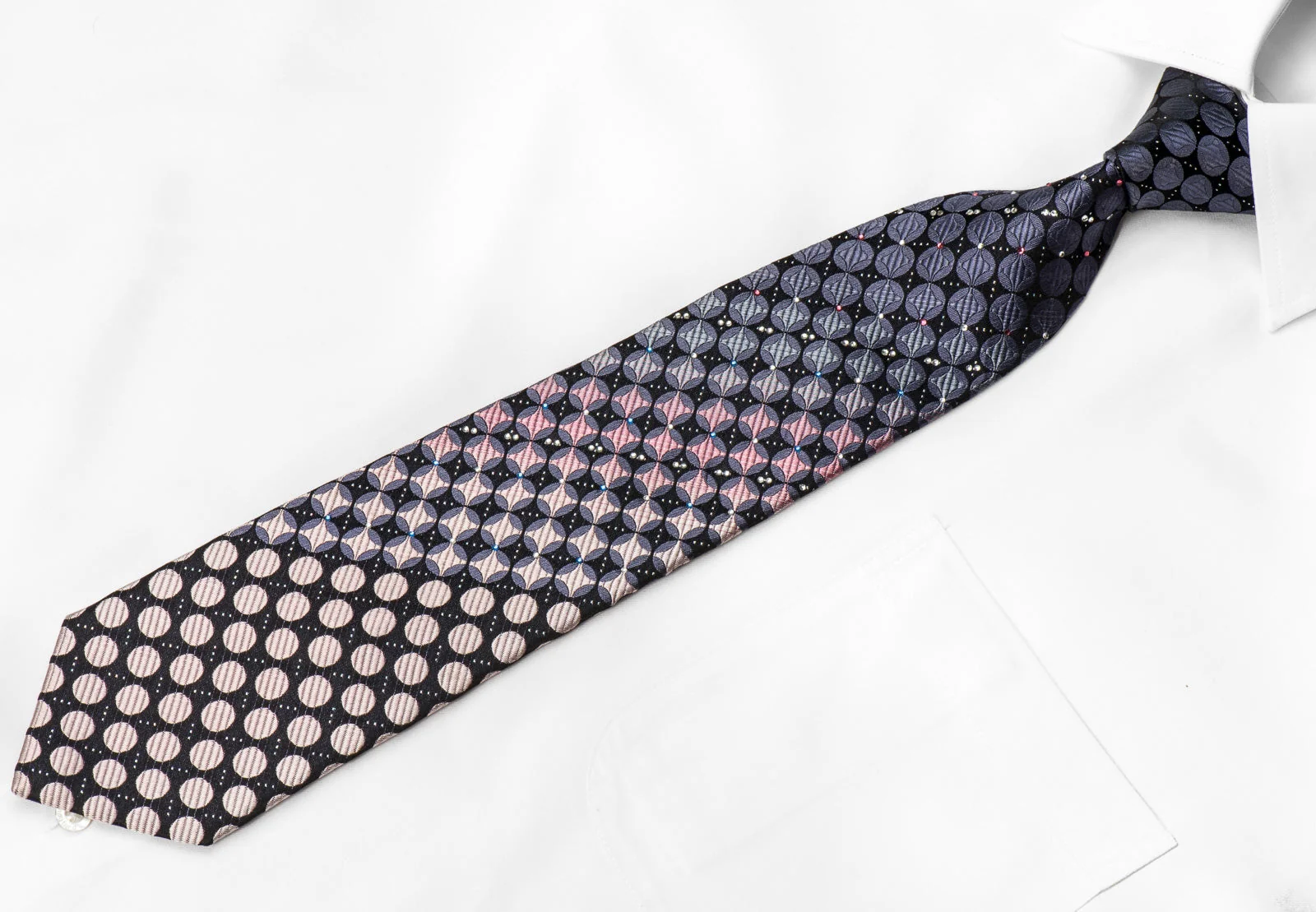 Pierre Cardin Men's Crystal Silk Tie Blue Pink Circles On Black With Silver Sparkles - Image 2