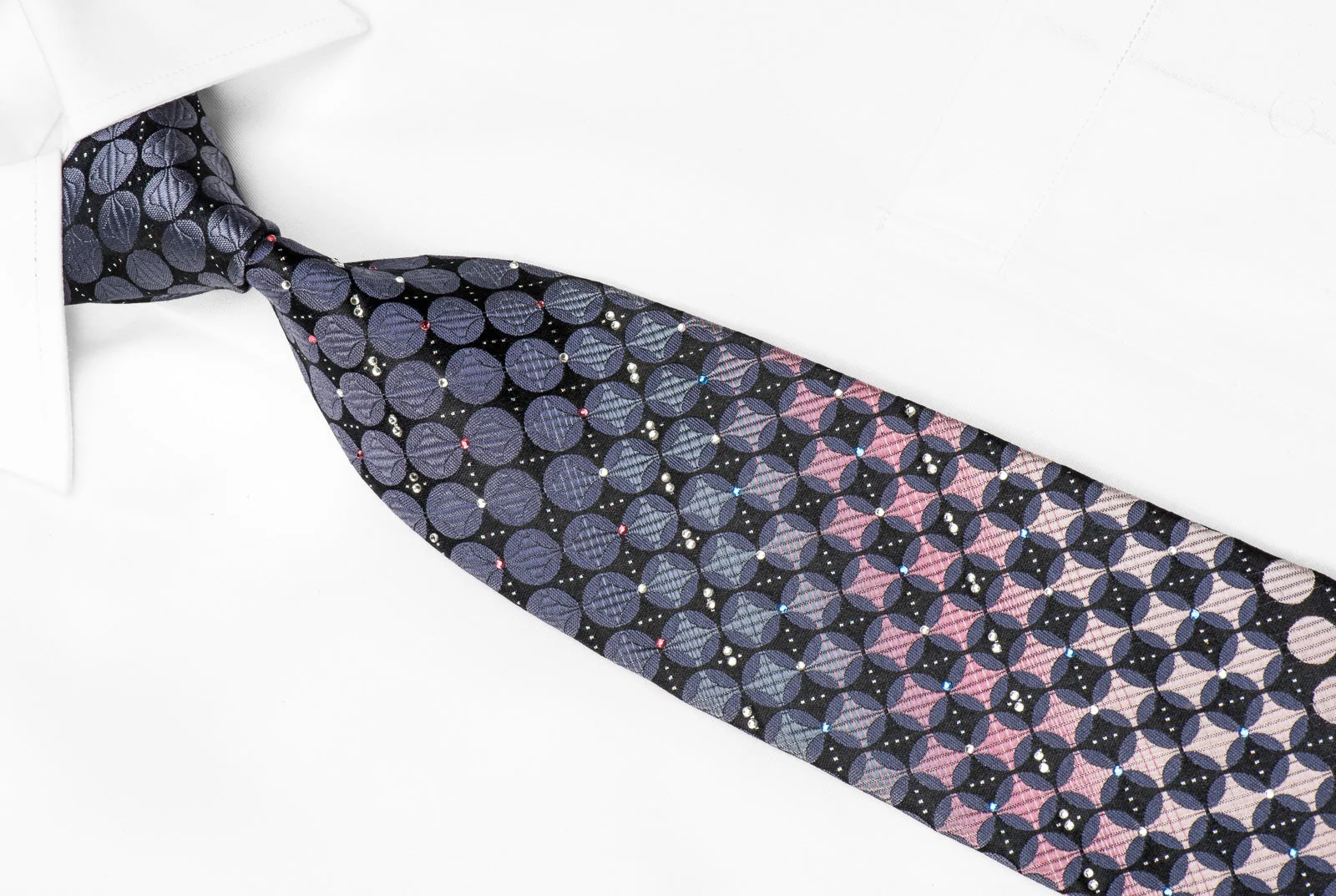 Pierre Cardin Men's Crystal Silk Tie Blue Pink Circles On Black With Silver Sparkles - Image 3