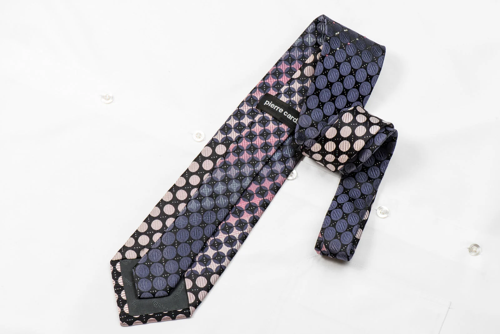 Pierre Cardin Men's Crystal Silk Tie Blue Pink Circles On Black With Silver Sparkles - Image 4