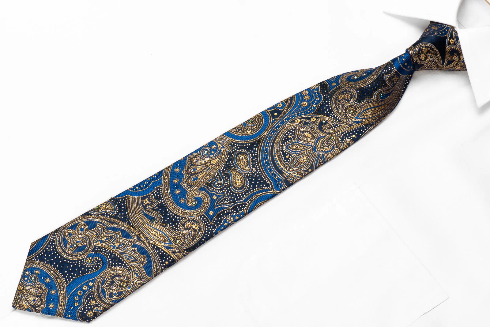 Pierre Cardin Men's Crystal Silk Tie Gold Blue Anthemion Paisley With Gold Sparkles - Image 4