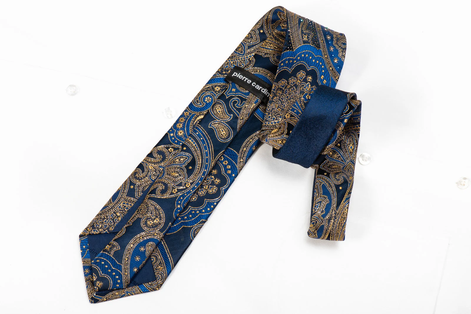 Pierre Cardin Men's Crystal Silk Tie Gold Blue Anthemion Paisley With Gold Sparkles - Image 5