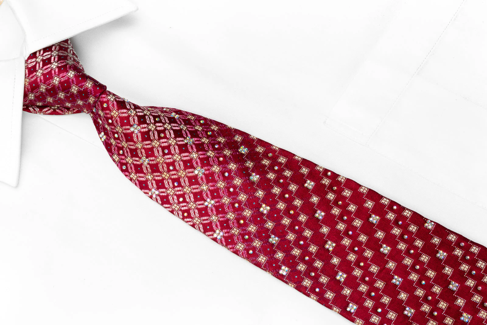 Pierre Cardin Men's Rhinestone Necktie Geometric On Burgundy With Silver Sparkles - Image 2