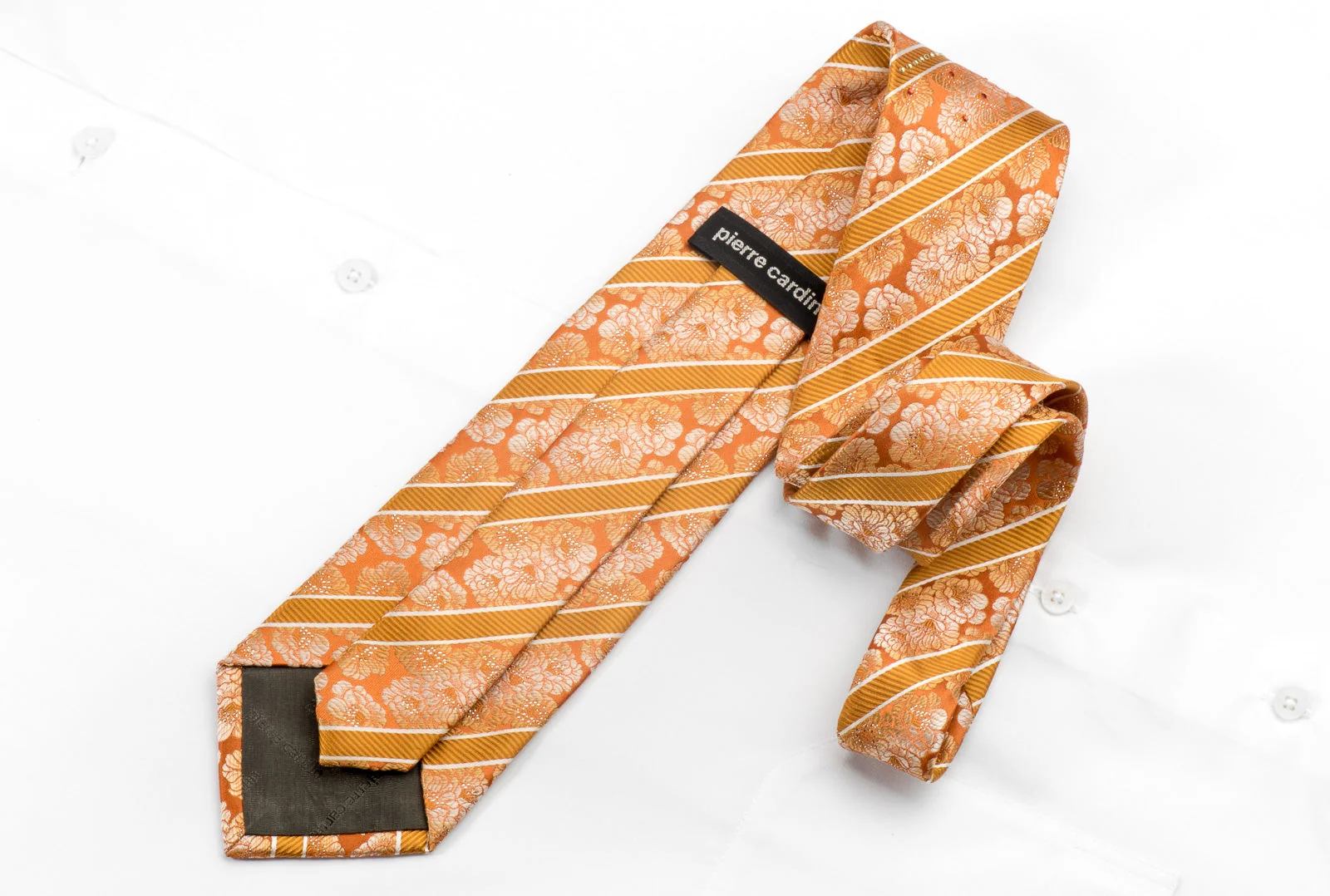 Pierre Cardin Men's Rhinestone Silk Necktie Floral & Striped On Orange With Silver Sparkles - Image 4