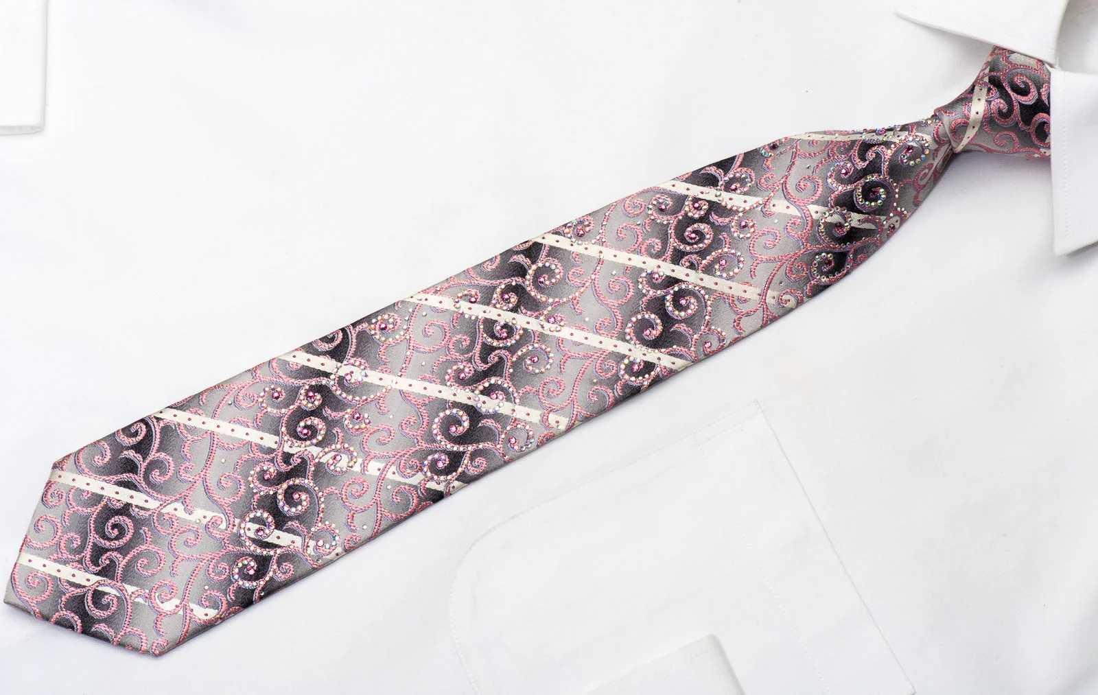 Pierre Cardin Men's Rhinestone Silk Necktie Pink Scrolls On Silver With Sparkles - Image 4