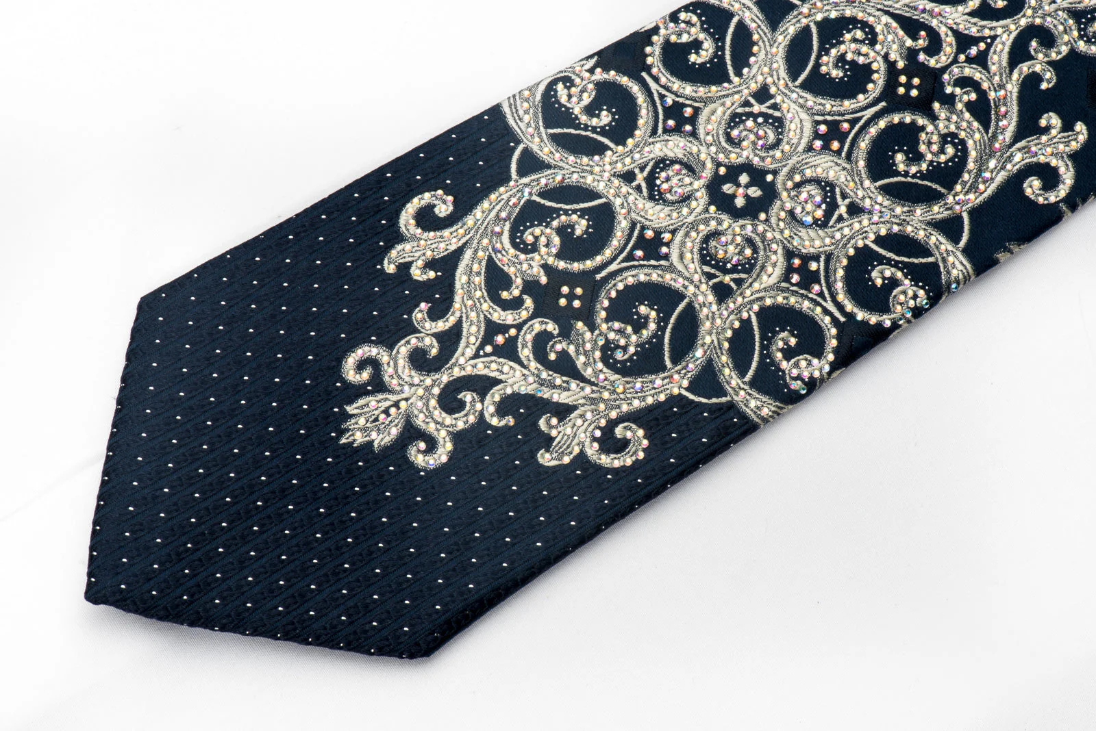 Pierre Cardin Men's Rhinestone Silk Necktie Silver Damask On Navy With Silber Sparkles - Image 4