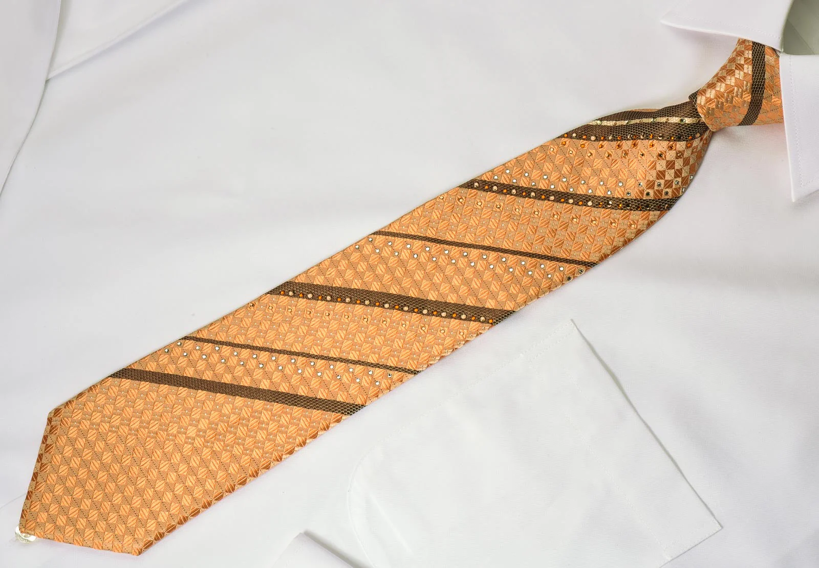 Pierre Cardin Men's Rhinestone Tie Striped On Peach With Silver Sparkles - Image 4