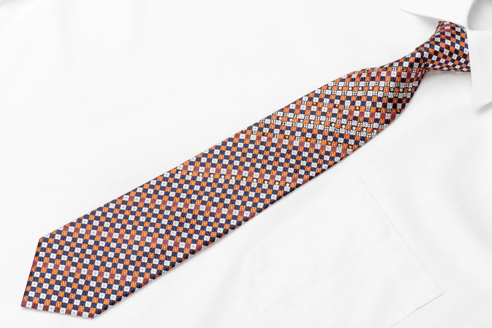 Pierre Cardin Men's Silk Crystal Rhinestone Necktie Silver Blue Orange Checkered With Sparkles - Image 2