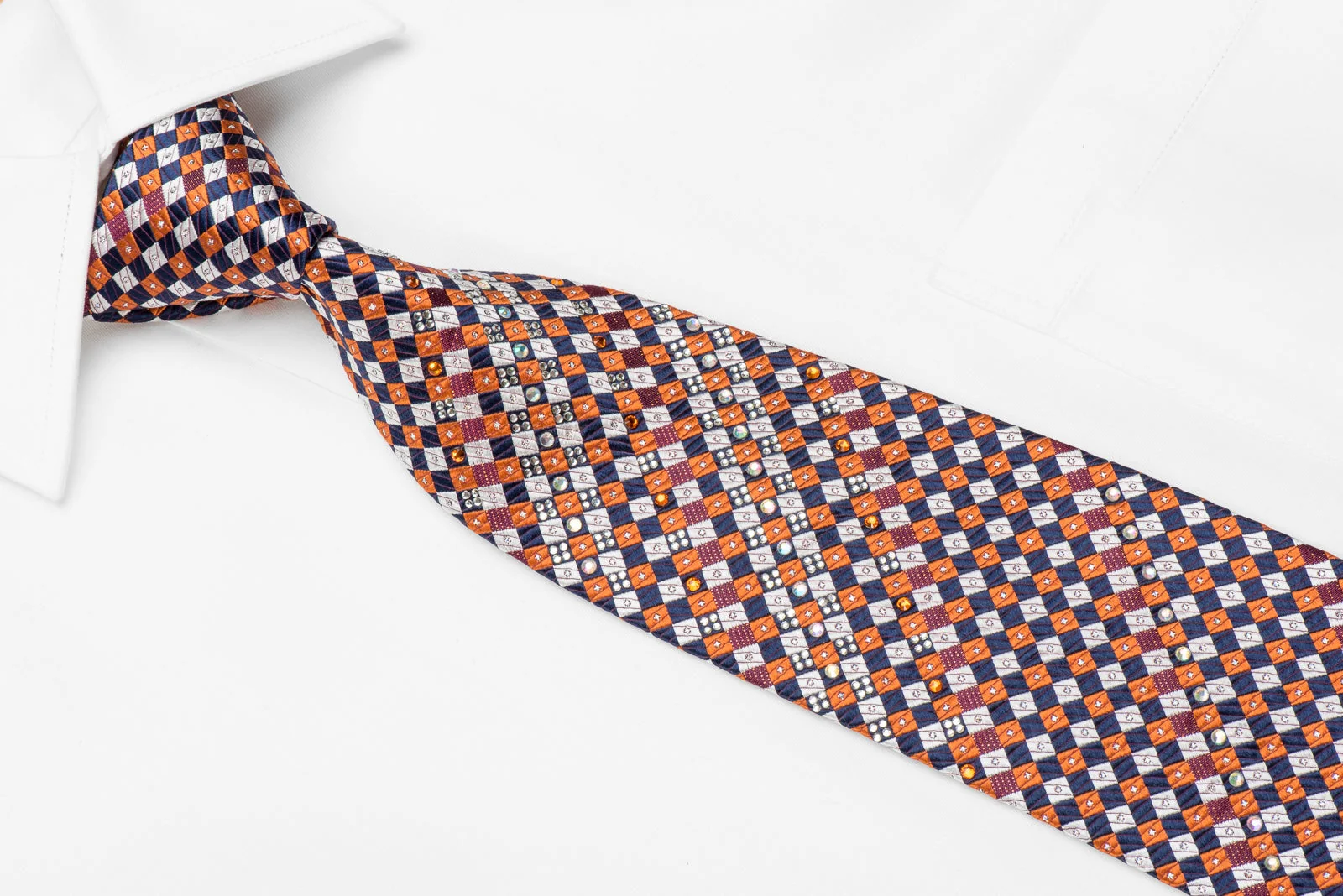 Pierre Cardin Men's Silk Crystal Rhinestone Necktie Silver Blue Orange Checkered With Sparkles - Image 3