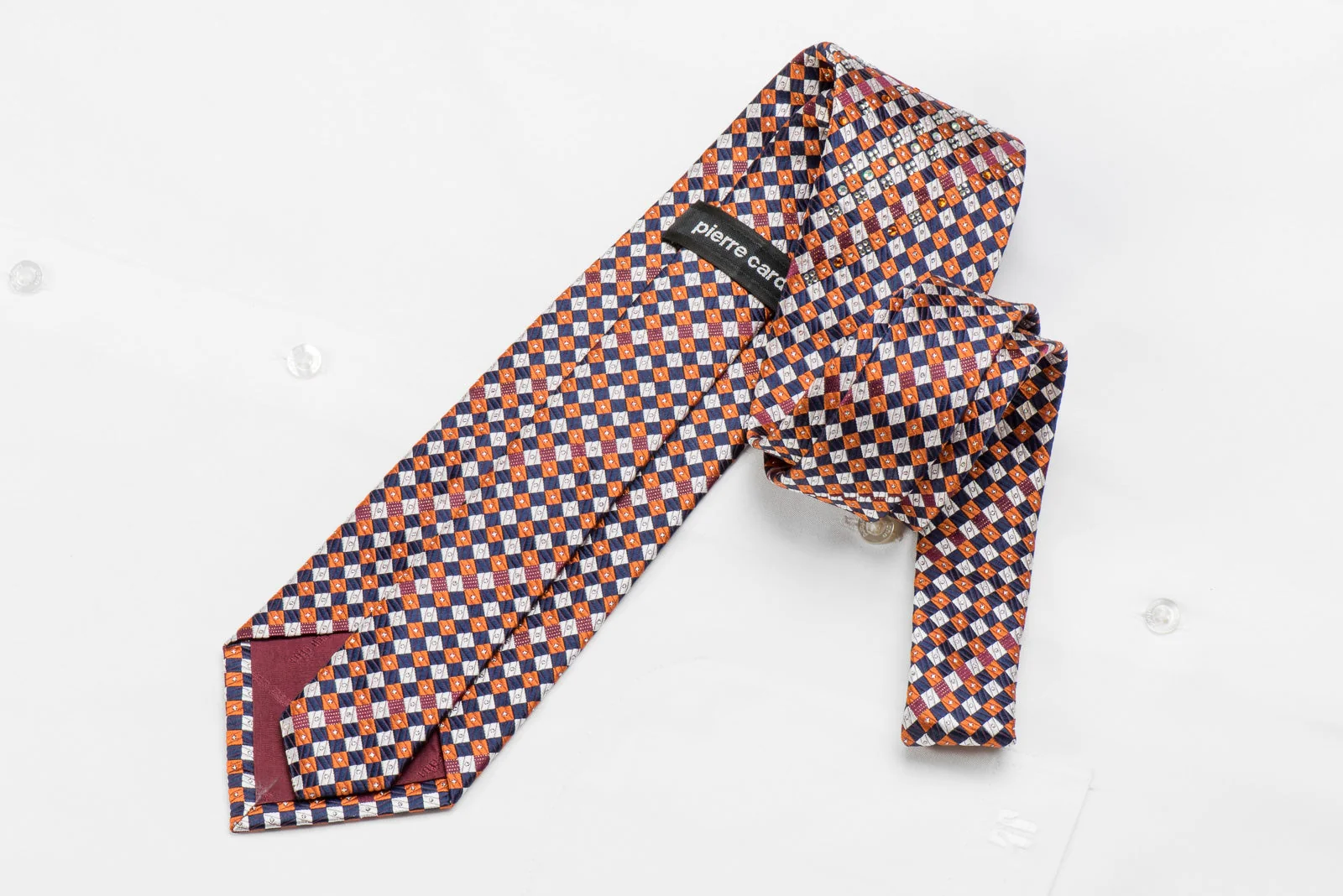 Pierre Cardin Men's Silk Crystal Rhinestone Necktie Silver Blue Orange Checkered With Sparkles - Image 4