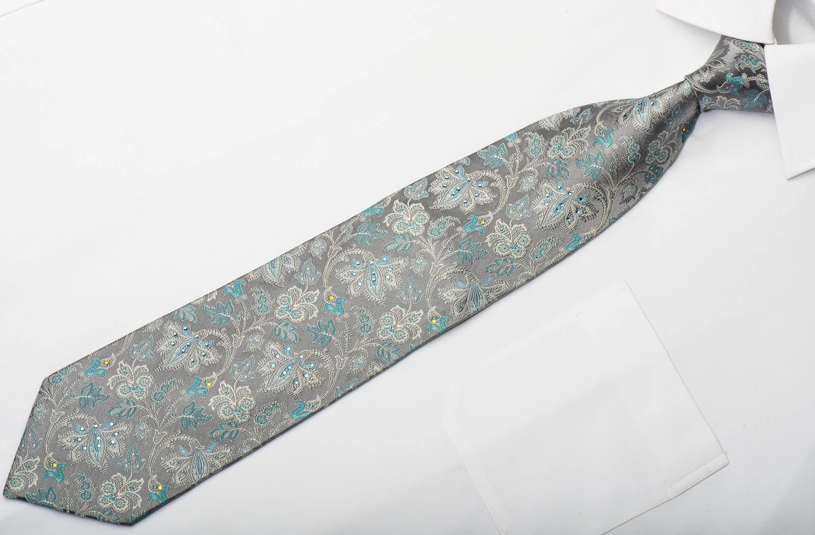 Pierre Cardin Men's Silk Necktie Acanthus On Silver Sparkling With Rhinestones - Image 5