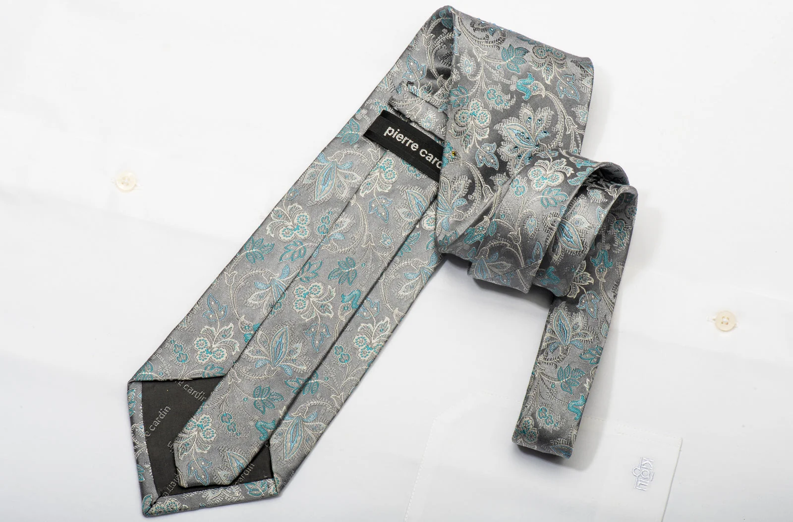 Pierre Cardin Men's Silk Necktie Acanthus On Silver Sparkling With Rhinestones - Image 6