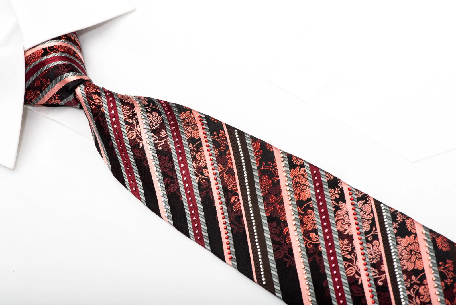 Pierre Cardin Men's Silk Necktie Floral Striped On Black Burgundy Sparkling With Rhinestones - Image 2