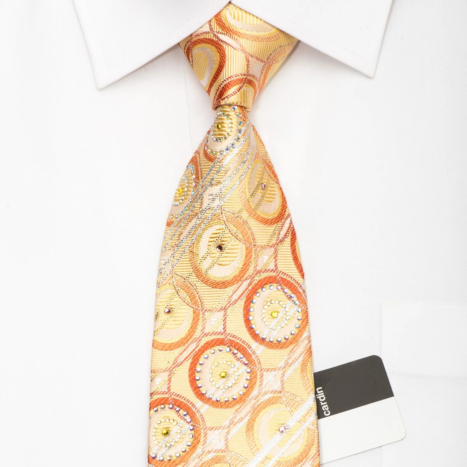 Pierre Cardin Men's Silk Necktie Geometric Circles On Yellow Sparkling With Rhinestones