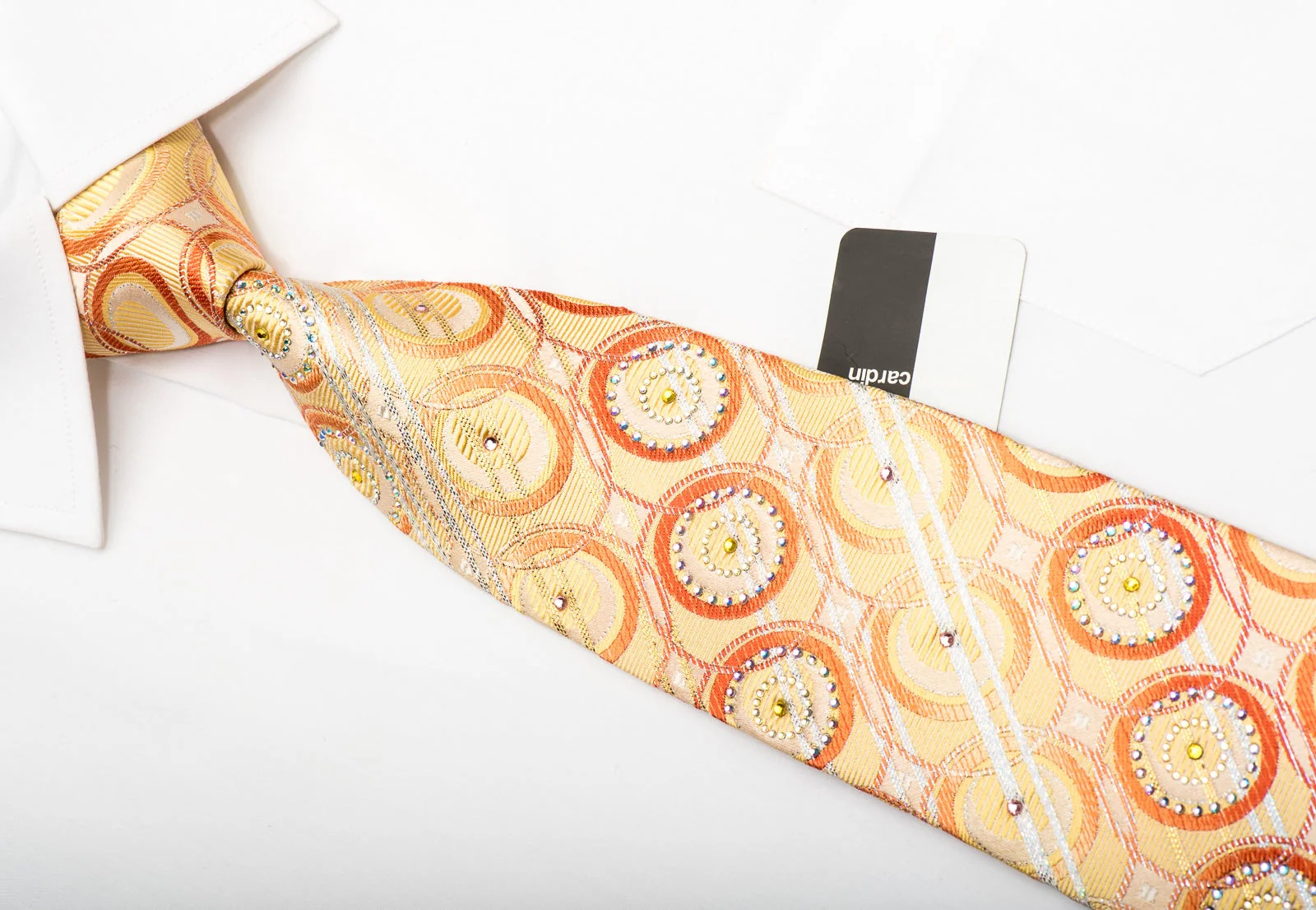 Pierre Cardin Men's Silk Necktie Geometric Circles On Yellow Sparkling With Rhinestones - Image 3