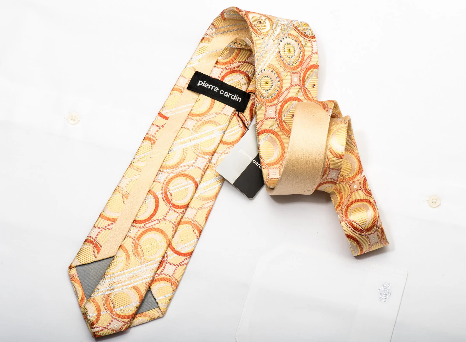 Pierre Cardin Men's Silk Necktie Geometric Circles On Yellow Sparkling With Rhinestones - Image 4