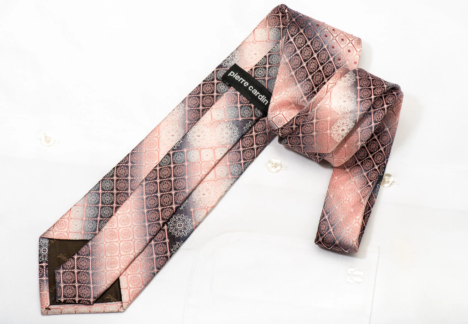Pierre Cardin Men's Silk Necktie Pink Cartouche On Silver Sparkling With Rhinestones - Image 5
