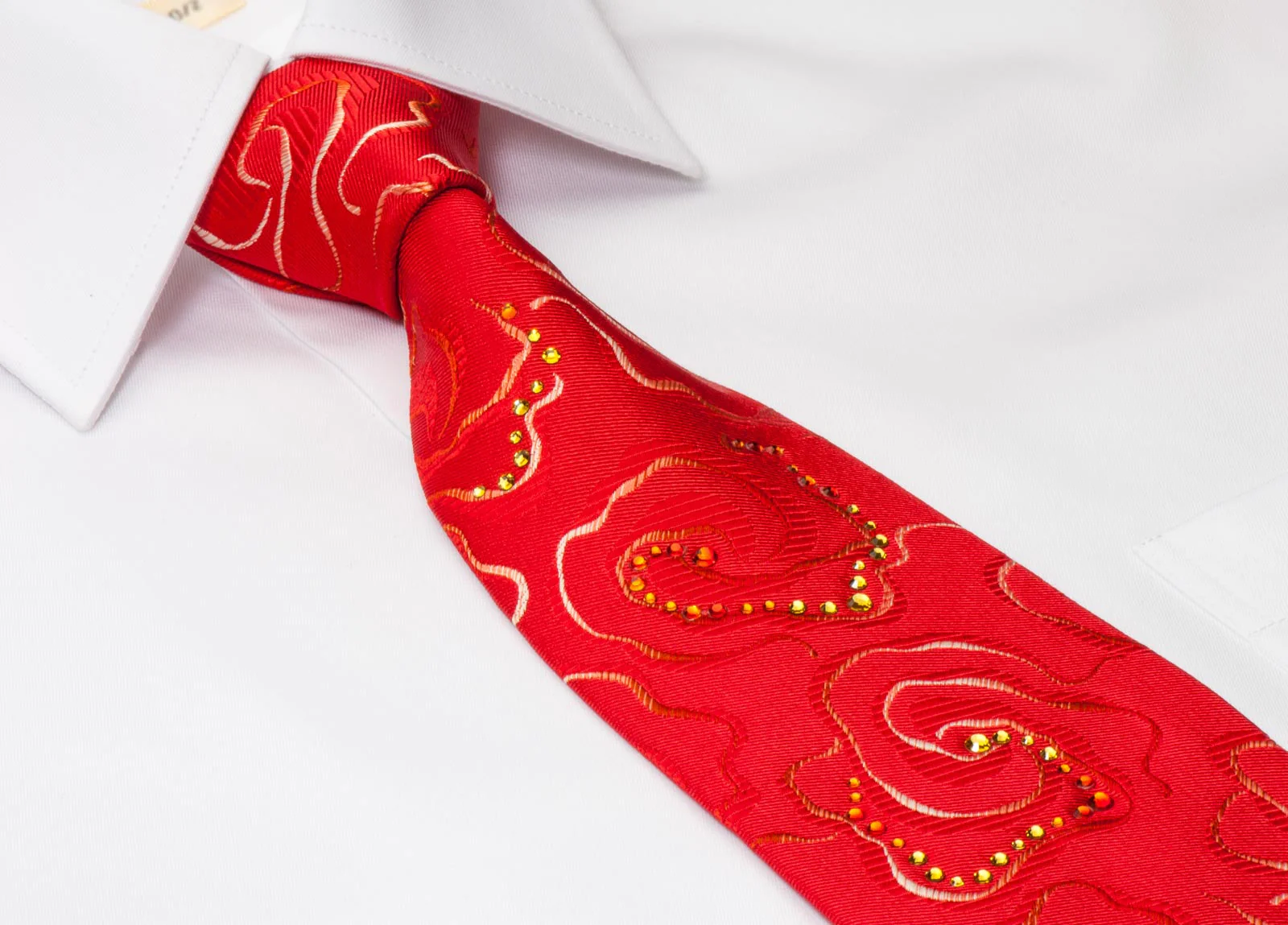 Pierre Cardin Men's Silk Rhinestone Tie Yellow Abstract Waves On Red Necktie - Image 3