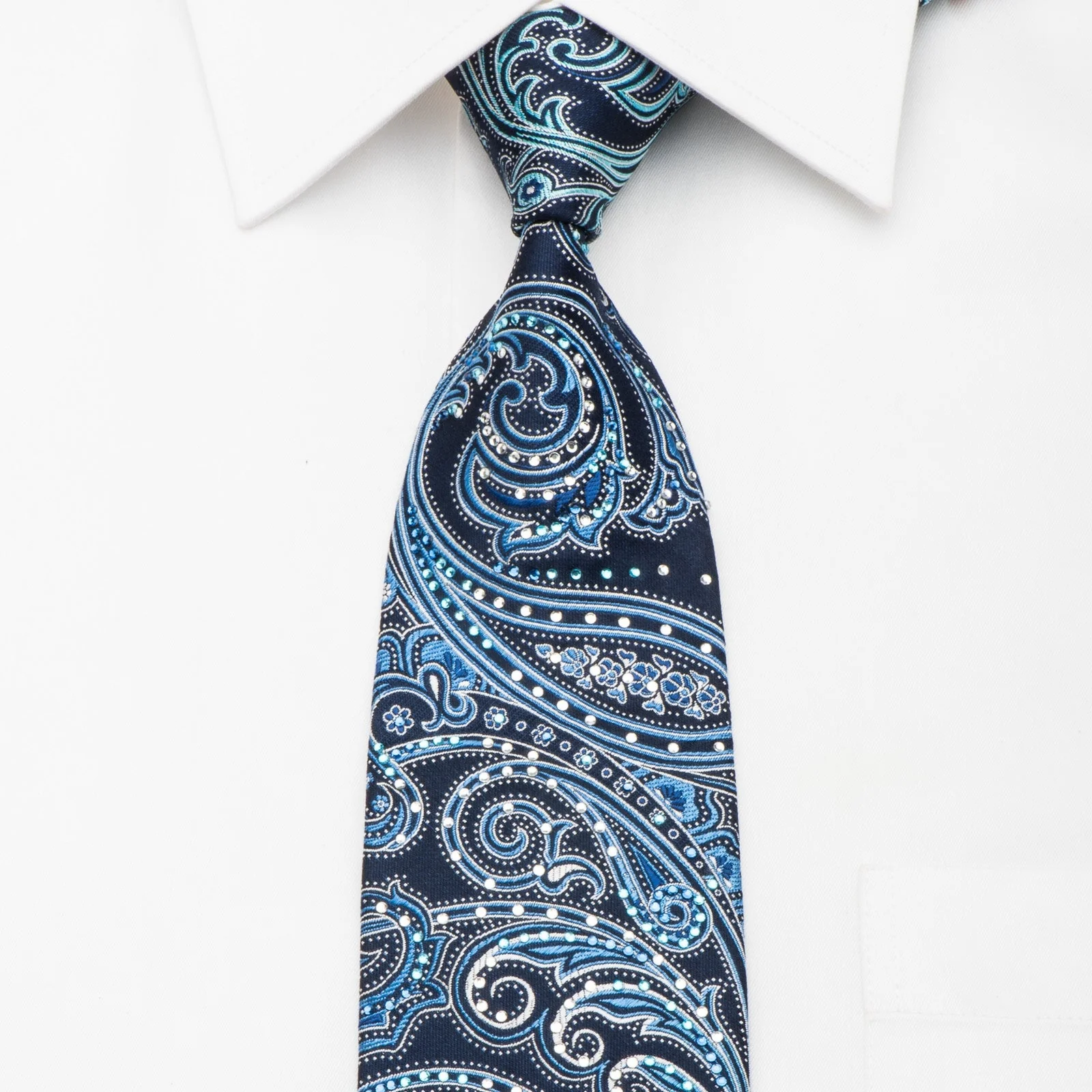 Pierre Cardin Men's Silk Tie Paisley On Blue Sparkling With Rhinestones