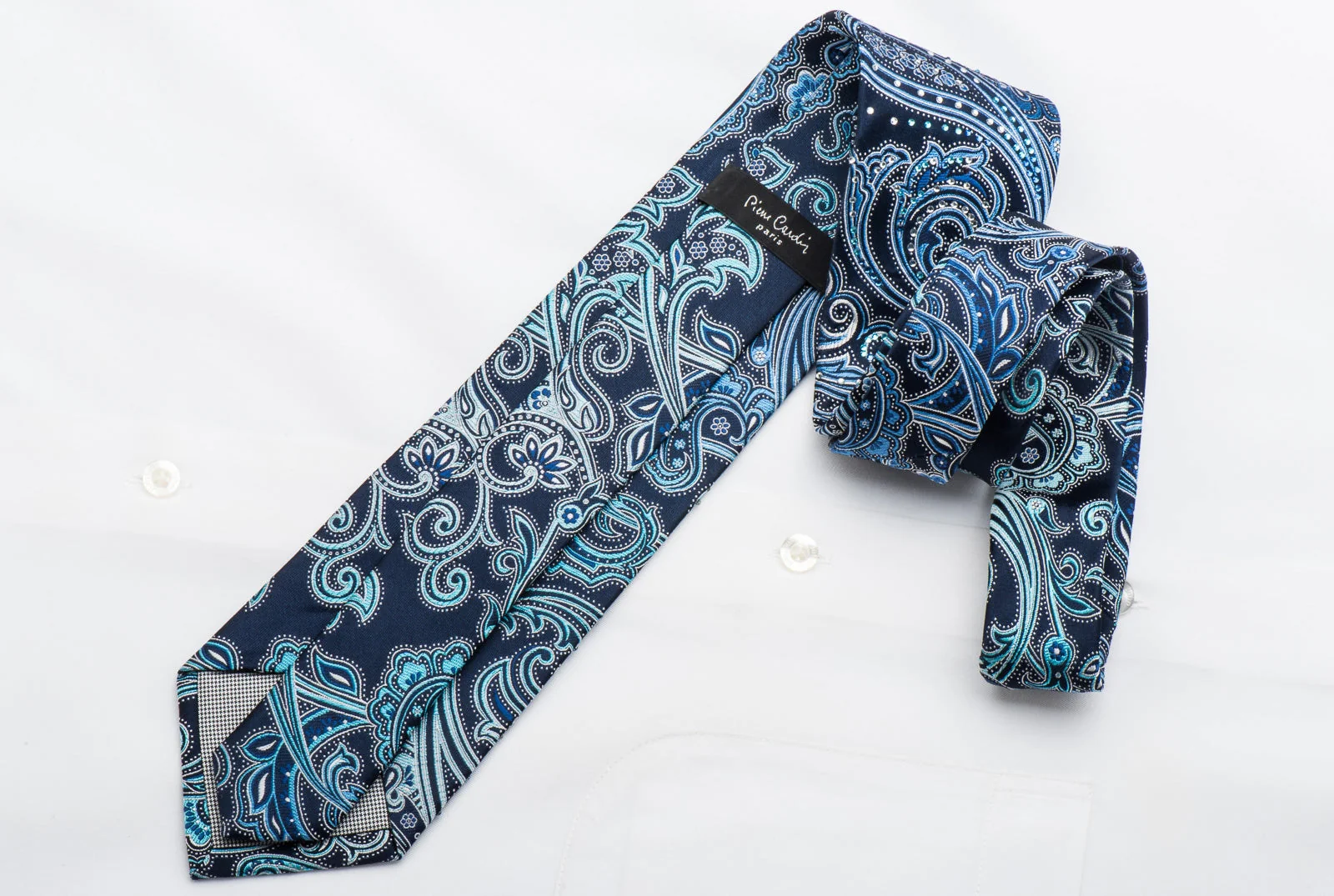 Pierre Cardin Men's Silk Tie Paisley On Blue Sparkling With Rhinestones - Image 4