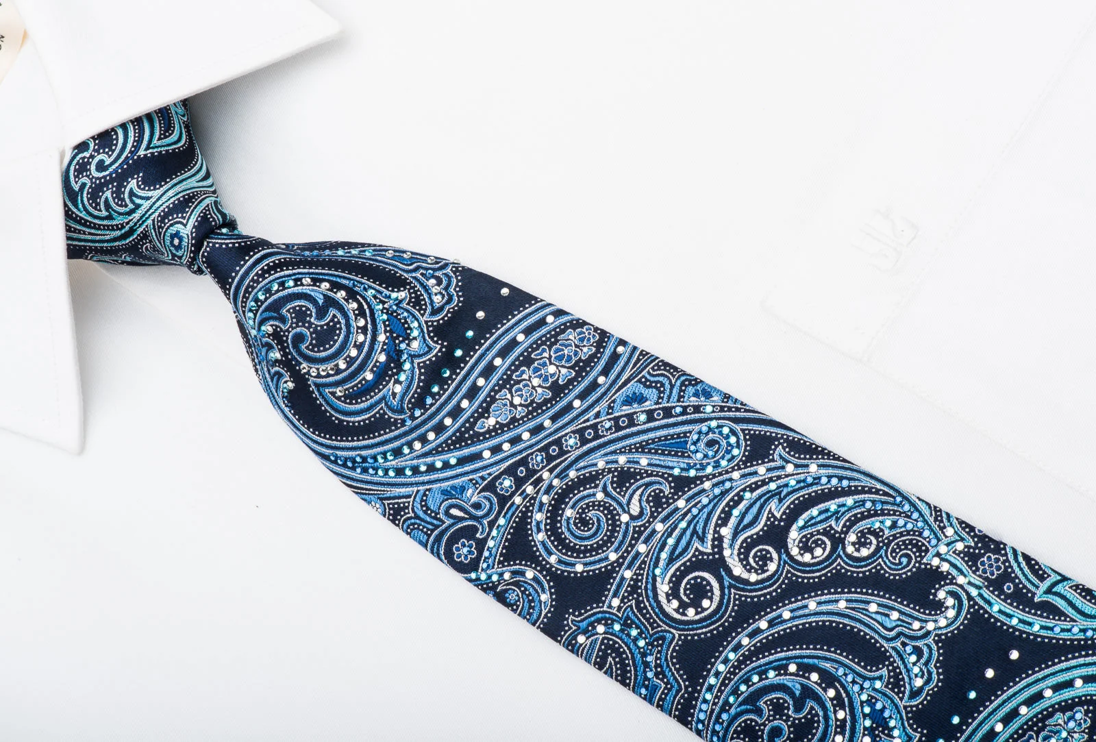 Pierre Cardin Men's Silk Tie Paisley On Blue Sparkling With Rhinestones - Image 5