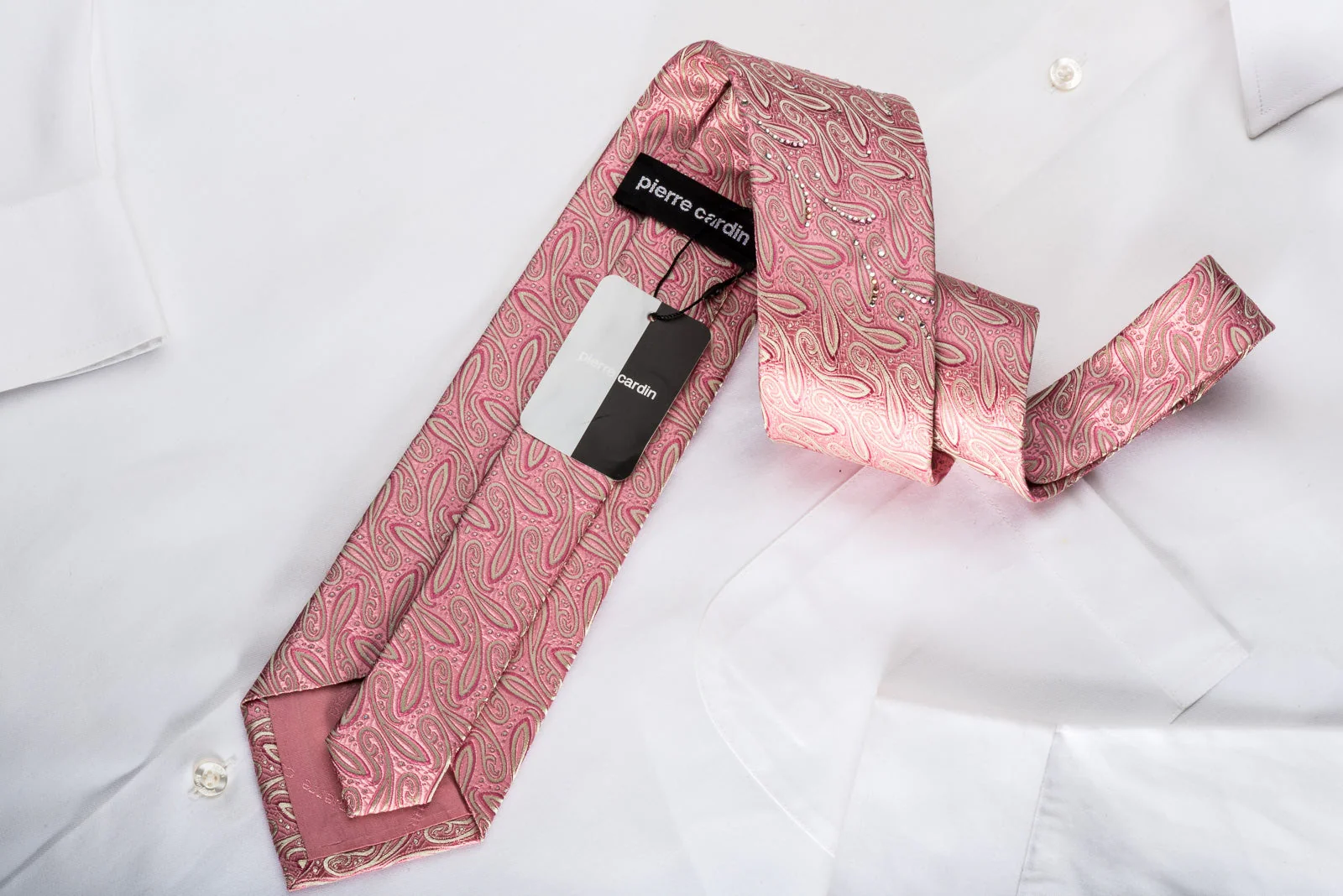 Pierre Cardin Men's Silk Tie Paisley On Pink Sparkling With Rhinestones - Image 5
